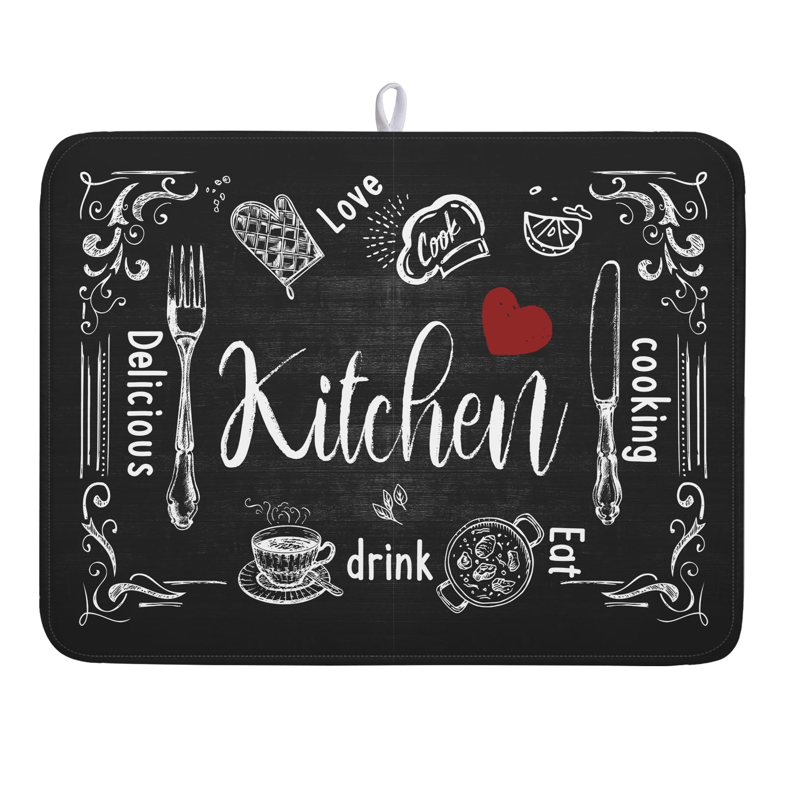 Black Coffee Bar Dish Drying Mats for Kitchen Counter 18x24 Inch