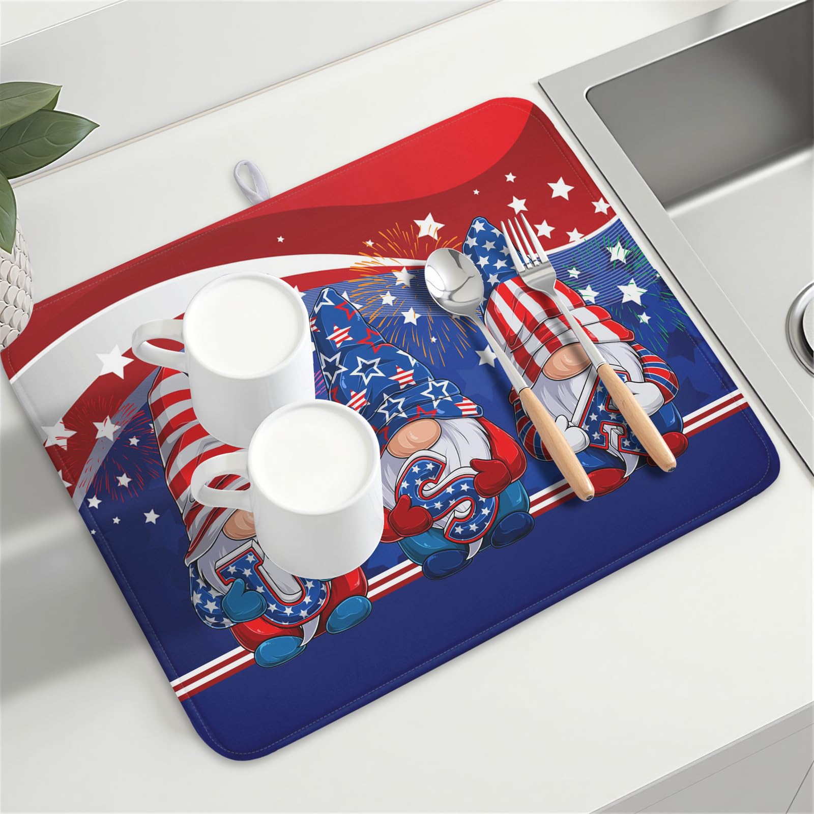 4th of July Dish Drying Mat 18x24 Inch Spring Summer Patrioti Gnome Memorial Kitchen Mats Independece Day Absorbent Dishes Pad for Kitchen Counter Usa Stars Drying Mat Home Decor Countertops