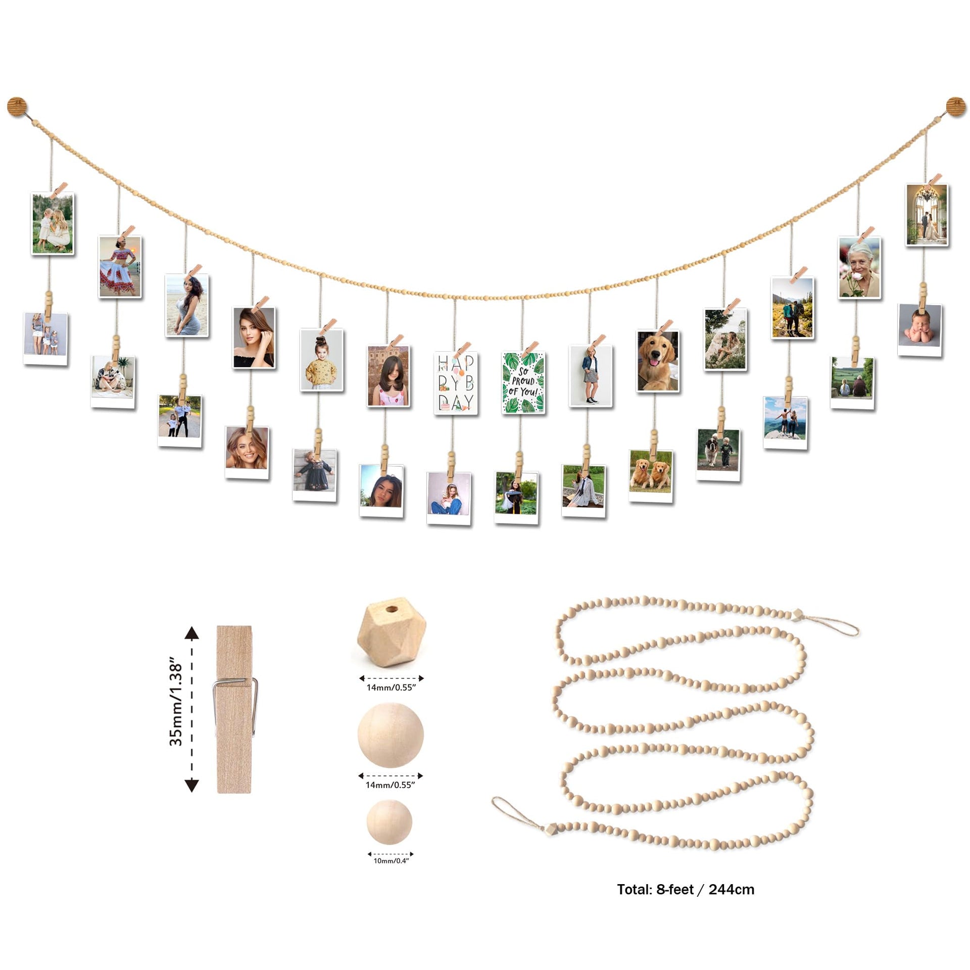 8 Feet Wooden Beads Garland with Clothespins Picture Cards Holder (28 Count)