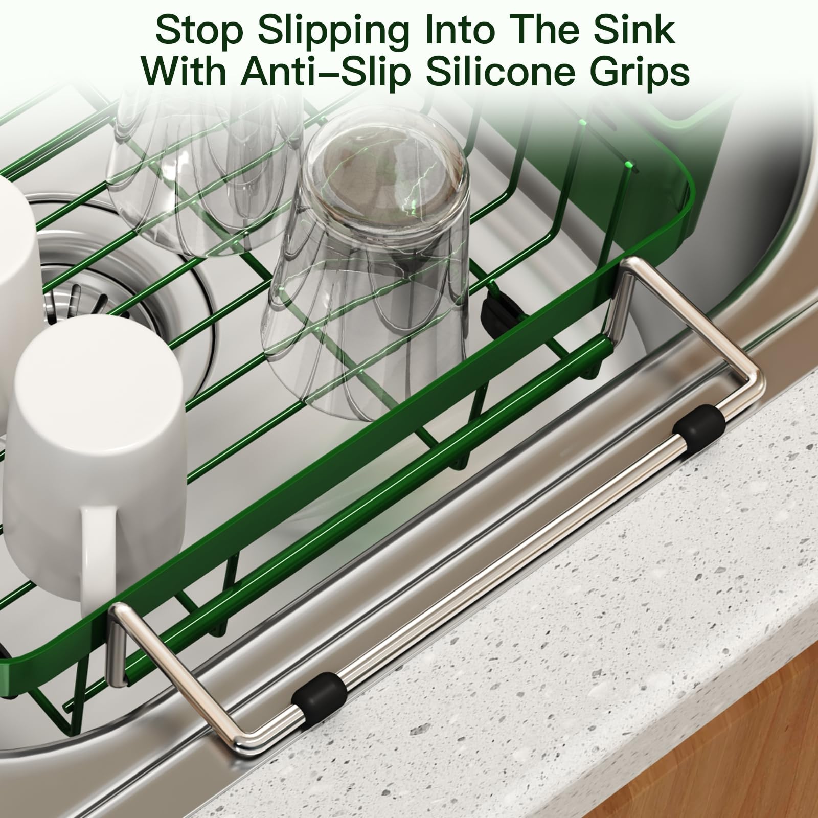 Green Dish Drying Rack Over The Sink with Utensil Holder