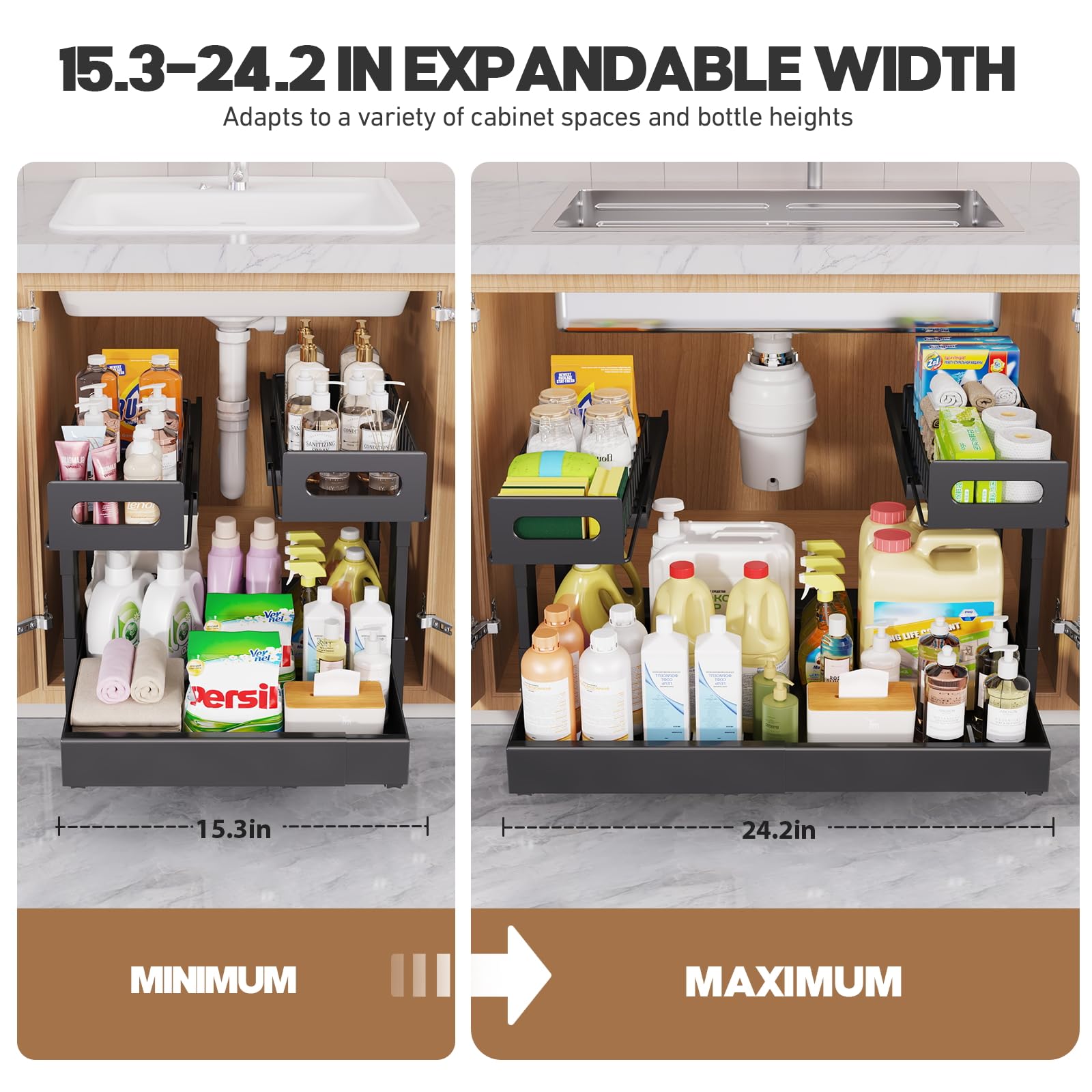 1 Pack Expandable Under Sink Organizers And Storage With Upgrade Ball (2 Compartments)
