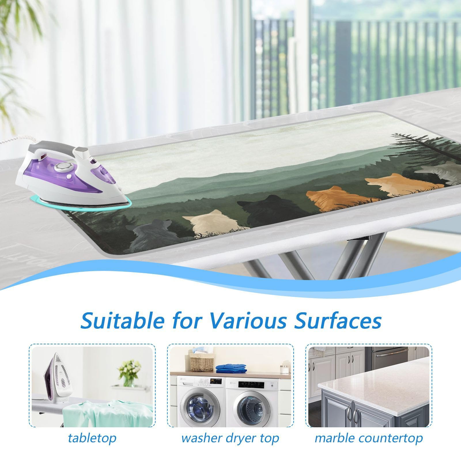 Cute Wolves Back and Green Mountain Ironing Mat Thickened Ironing Blanket Travel Portable Double