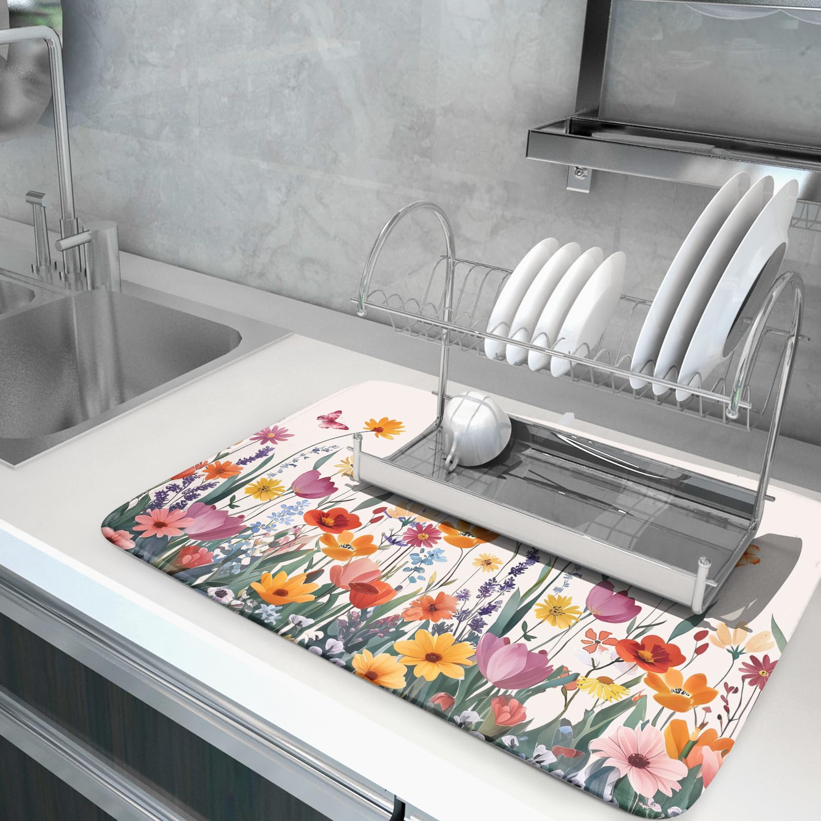 Spring Summer Flowers Dish Drying Mat for Kitchen Counter 18"x24" Colorful Floral Drying Mat Soft Absorbent Microfiber Farmhouse Fluttering Butterfly Dish Drainer Rack Mats for Counter tops