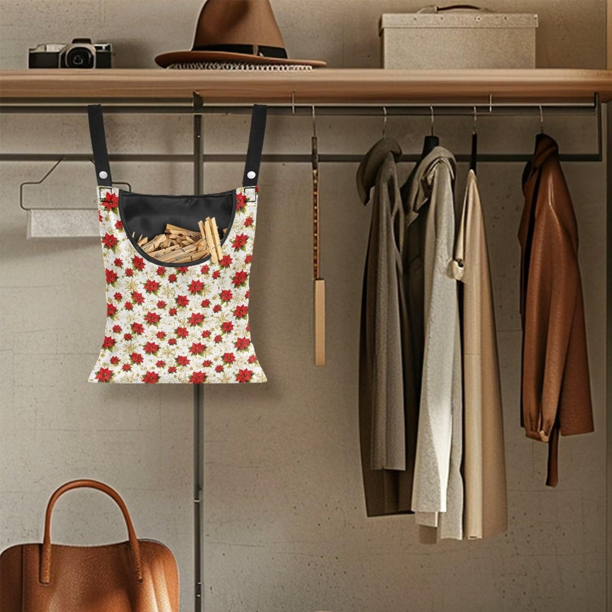 Red Floral Clothes Pin Storage Bag