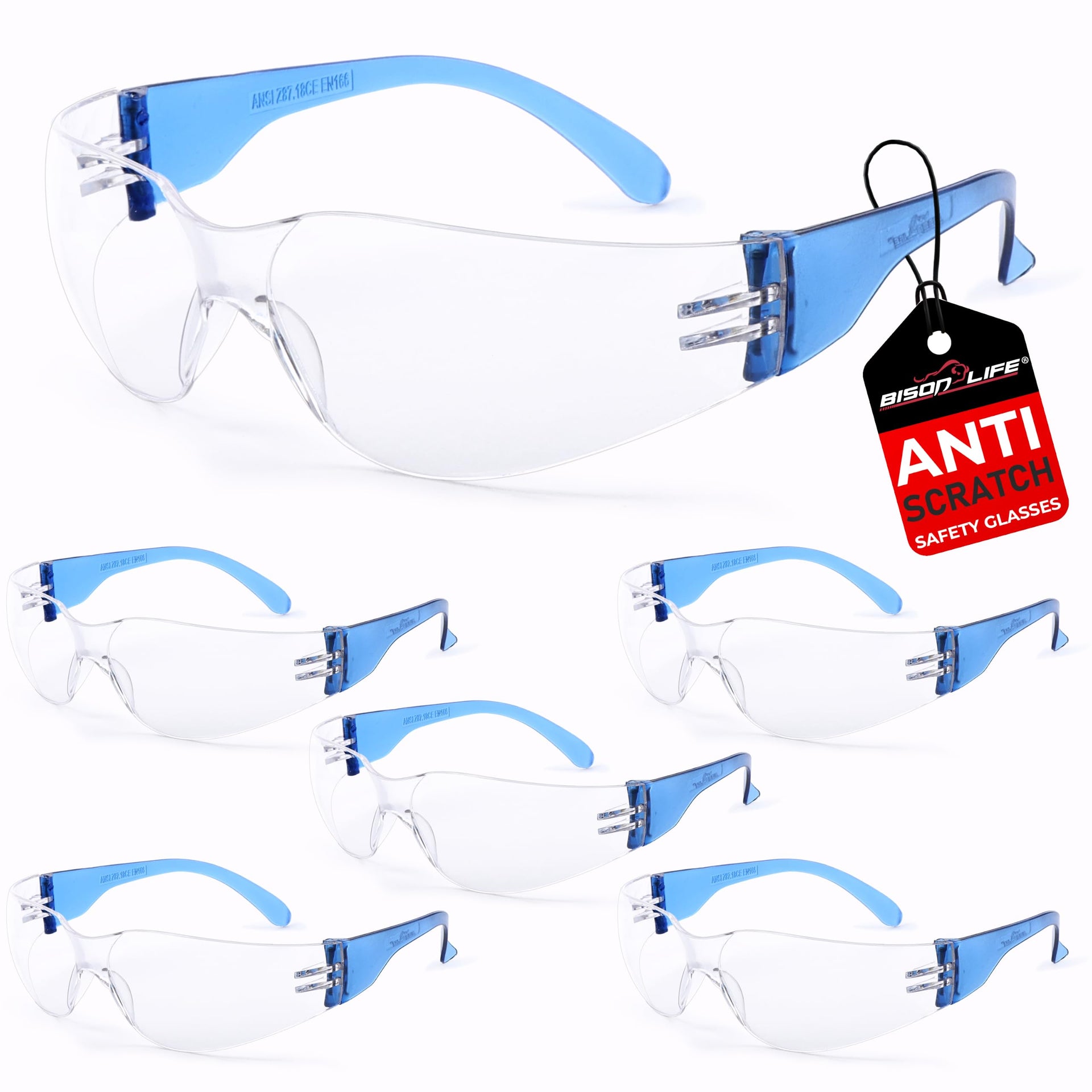 Clear Lens Blue Temple Safety Glasses Bulk 6 Pack (6 Count)