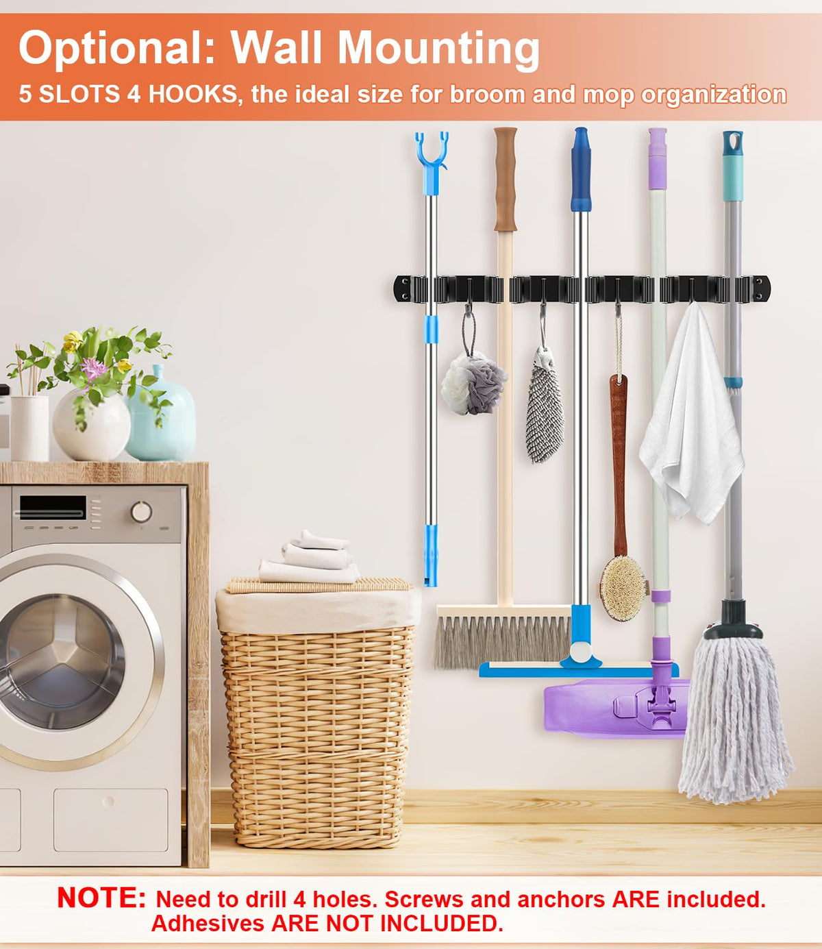 Broom Holder Over The Door with 4 Over Door Hook
