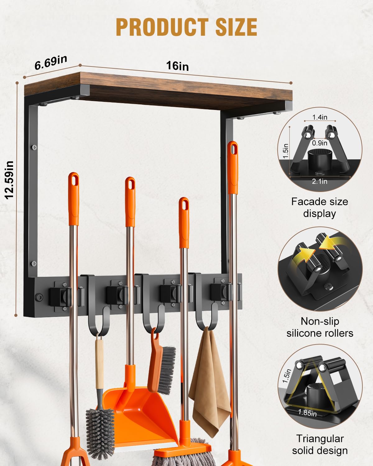 Small Broom Holder Wall Mount with Shelf