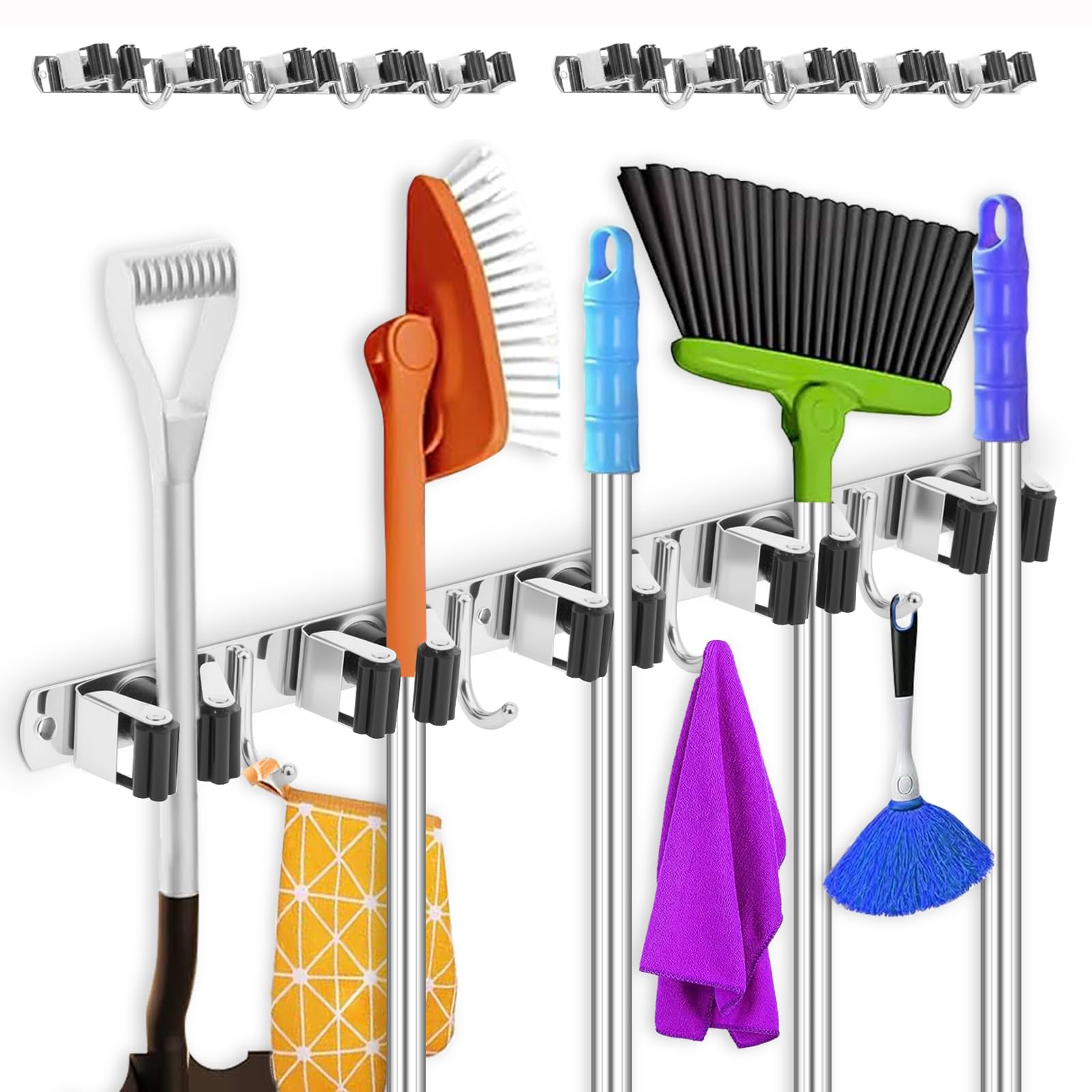 2 Pack Broom Holder Wall Mount 5 Racks 4 Hooks Stainless Steel Broom Mop Holder Anti Slip Storage Rack Strong Load Bearing Waterproof Broom and Mop Organizer Wall Hanging for Bathroom Kitchen Garage (2 Count)