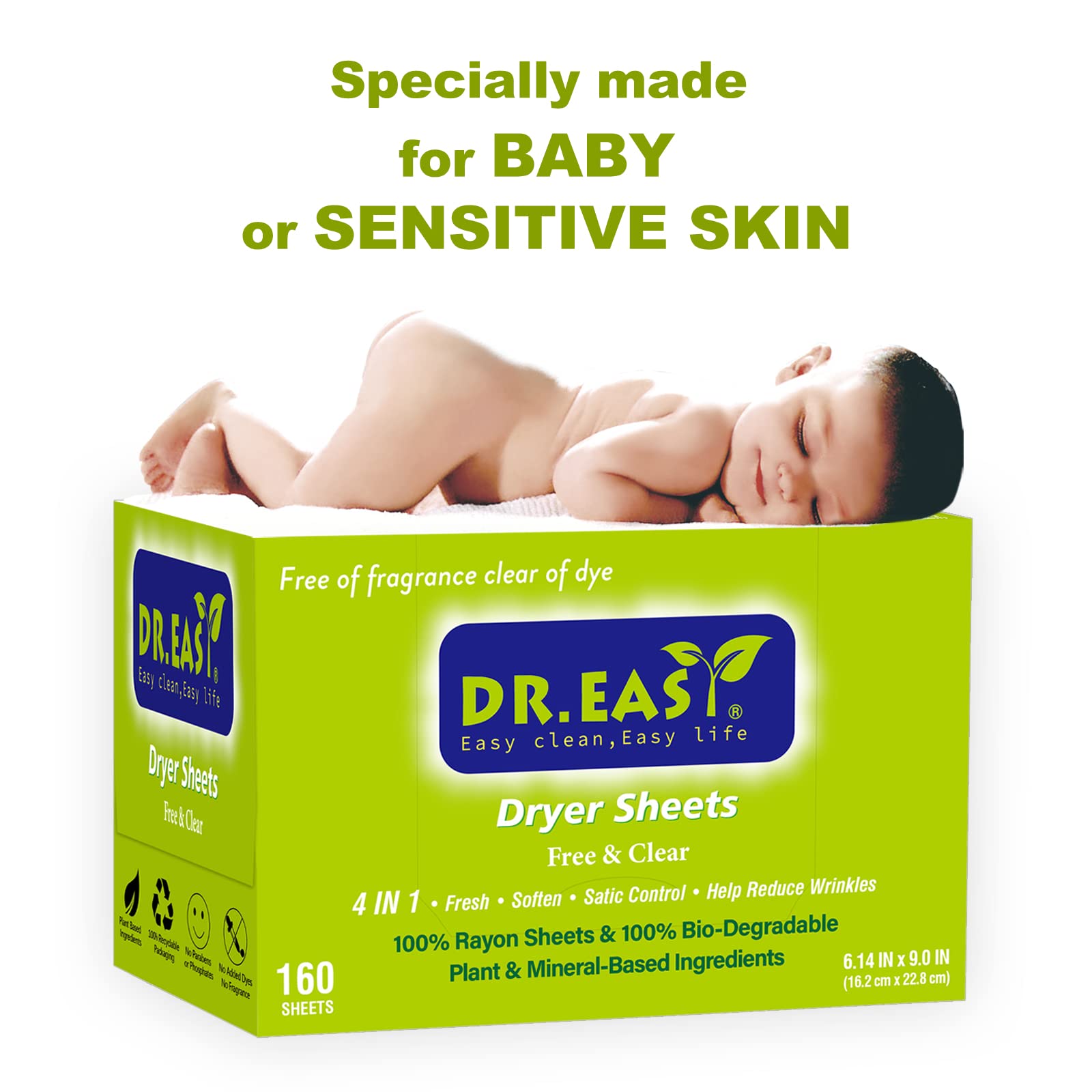 Dr.Easy Dryer Sheets Free & Clear Plant Based all ingredients for Sensitive Skin 160 Ct 100% Rayon Fabric Softener sheet unscented & no dyes Reduce Static & Wrinkles Soften Clothes Help Repel Pet Hair (160 Count)