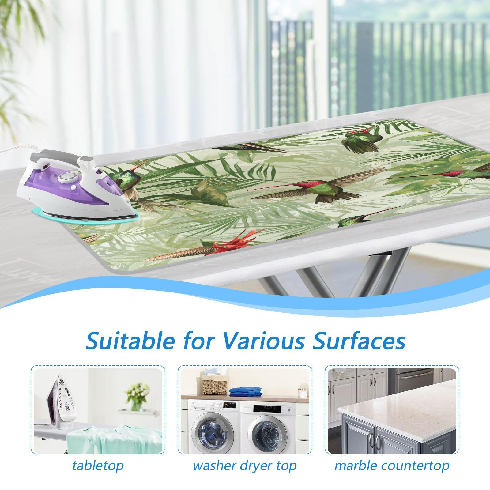 Green Anna Hummingbird and Palm Leaves Ironing Mat Thickened Ironing Blanket Travel Portable Double