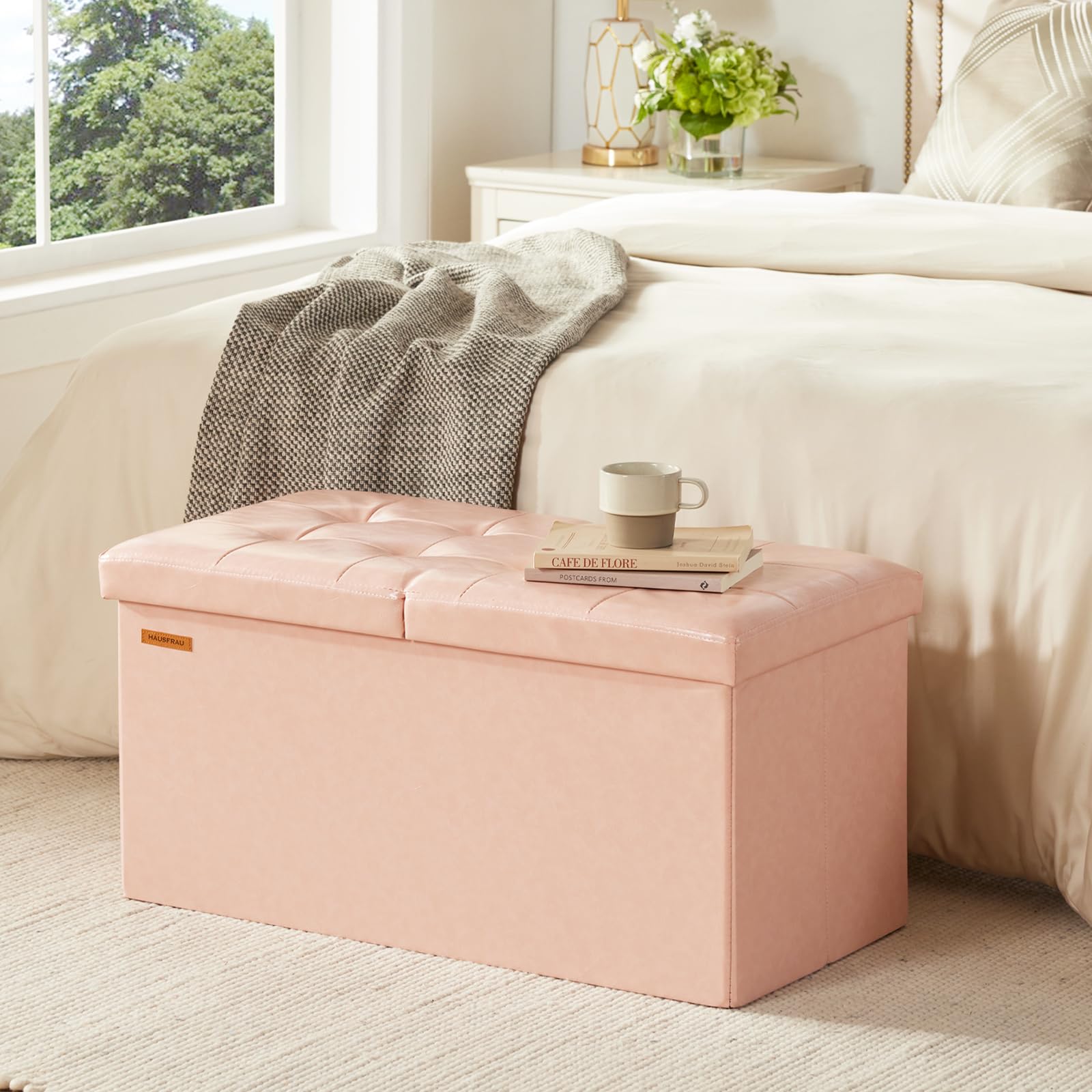 Ottoman with Storage Bench Folding Foot Rest Stool Pale Pink
