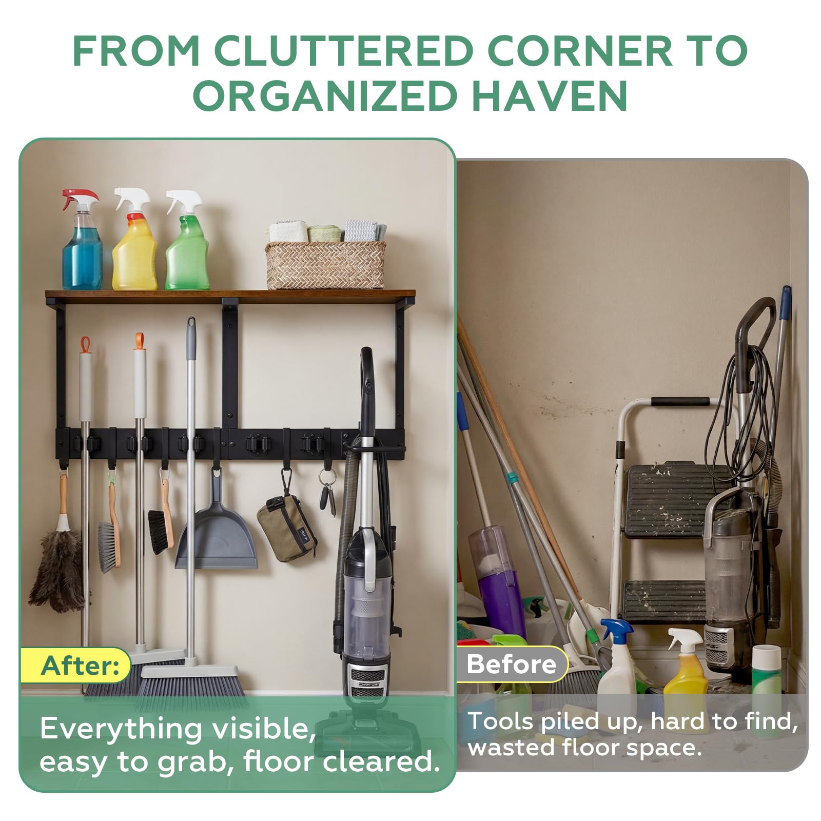 Heavy Duty Broom Holder Wall Mount with Cleaning Supplies Organizer