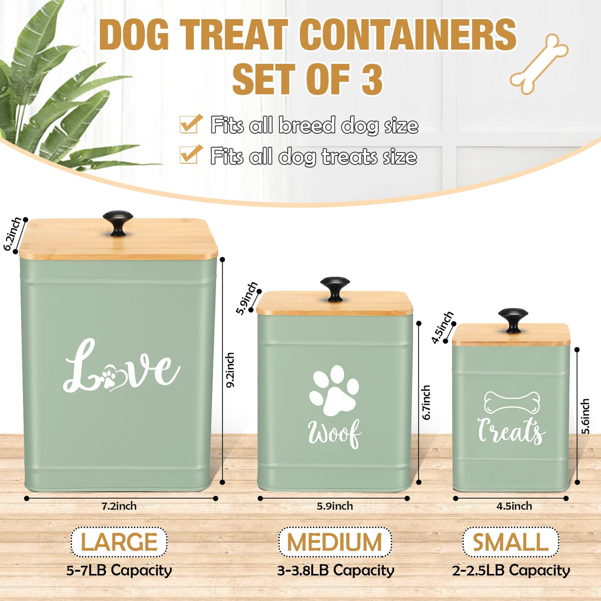 Metal Dog Treat Containers Set of 3 with Bamboo Lids and Spoon Airtight 7+3+2 lbs Dog Food Snack Jars with DIY Labels Big Pet Cookie Storage Jar for Kitchen Counter (3 Count)