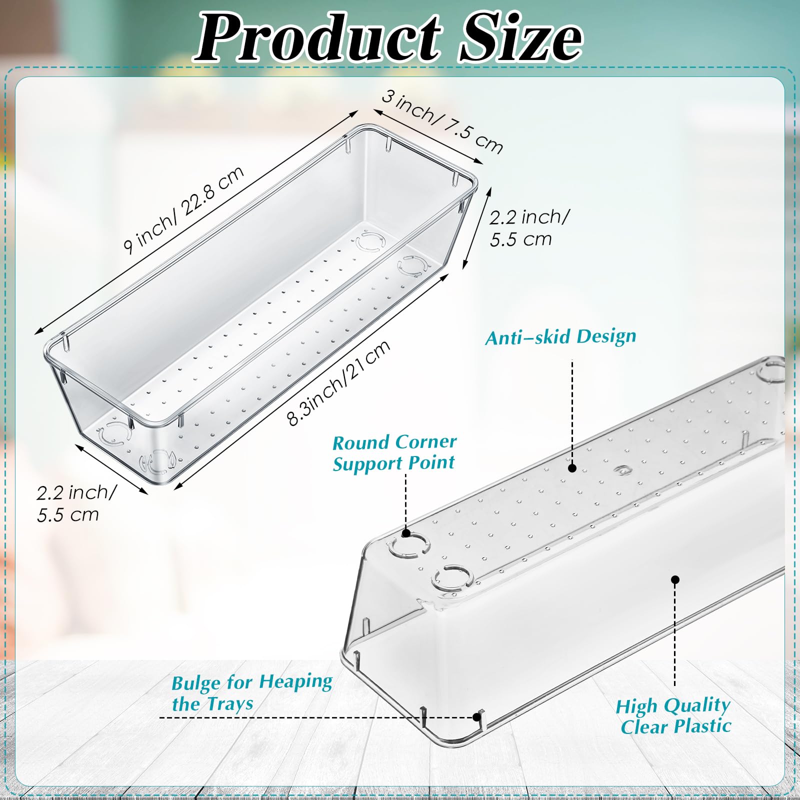 12 Pcs Clear Drawer Organizer 9 x 3 x 2 Inches Plastic Rectangle Trays Makeup Vanity Storage Bins and Kitchen Drawers Dividers for Office Desk Silverware Kitchen Utensils (12 Count)