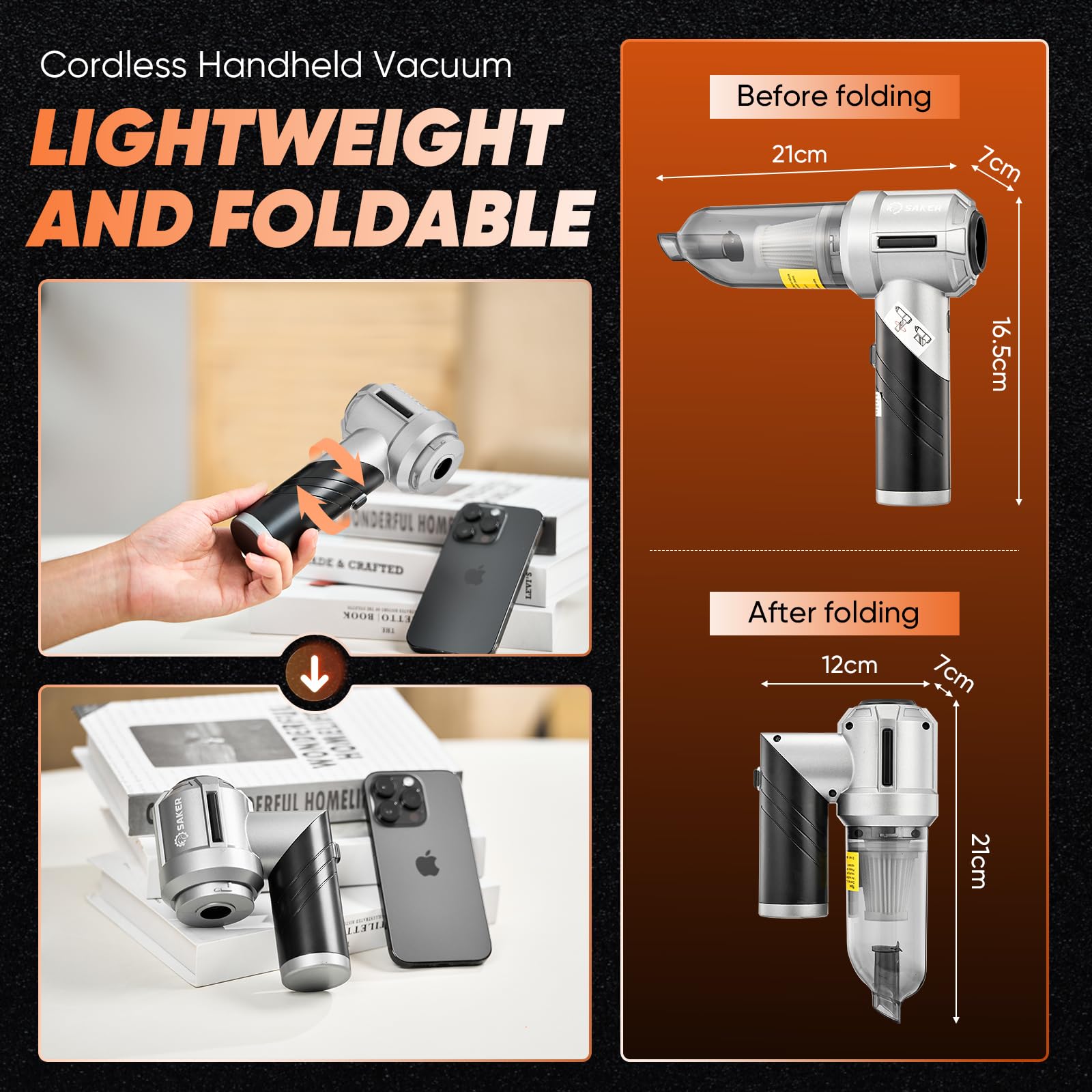 Handheld Car Vacuum Cordless Portable 17000PA Foldable HL133 Black