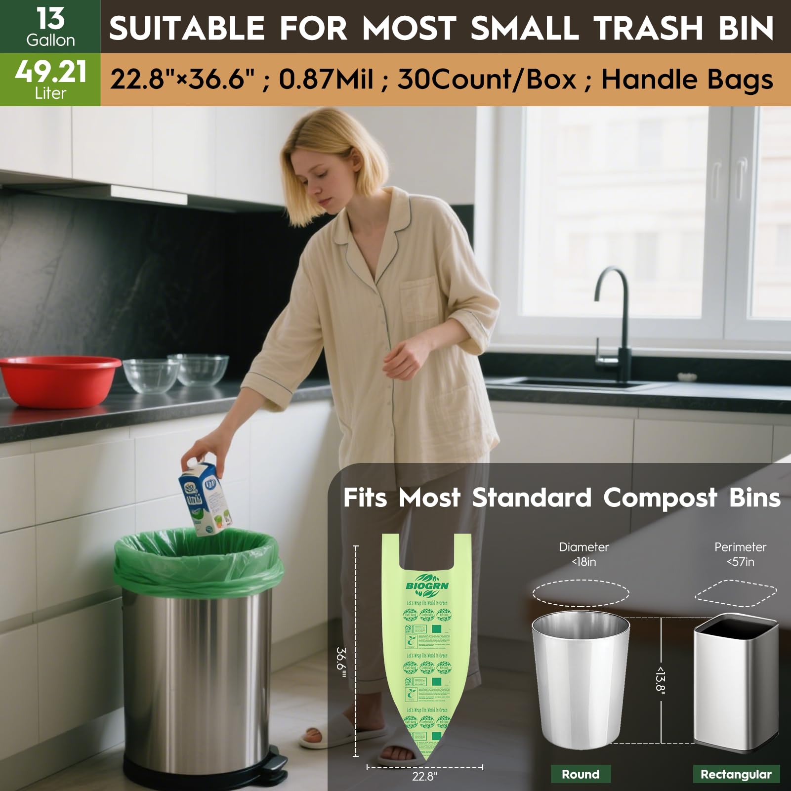 10 13 Gallon Compostable Trash Bags with Handles Tie 30 Bags Biodegradable Garbage Bags Food Scrap Green Waste Bags Thick 0.87 Mil 49.21 Liter ASTM D6400 (30 Count)