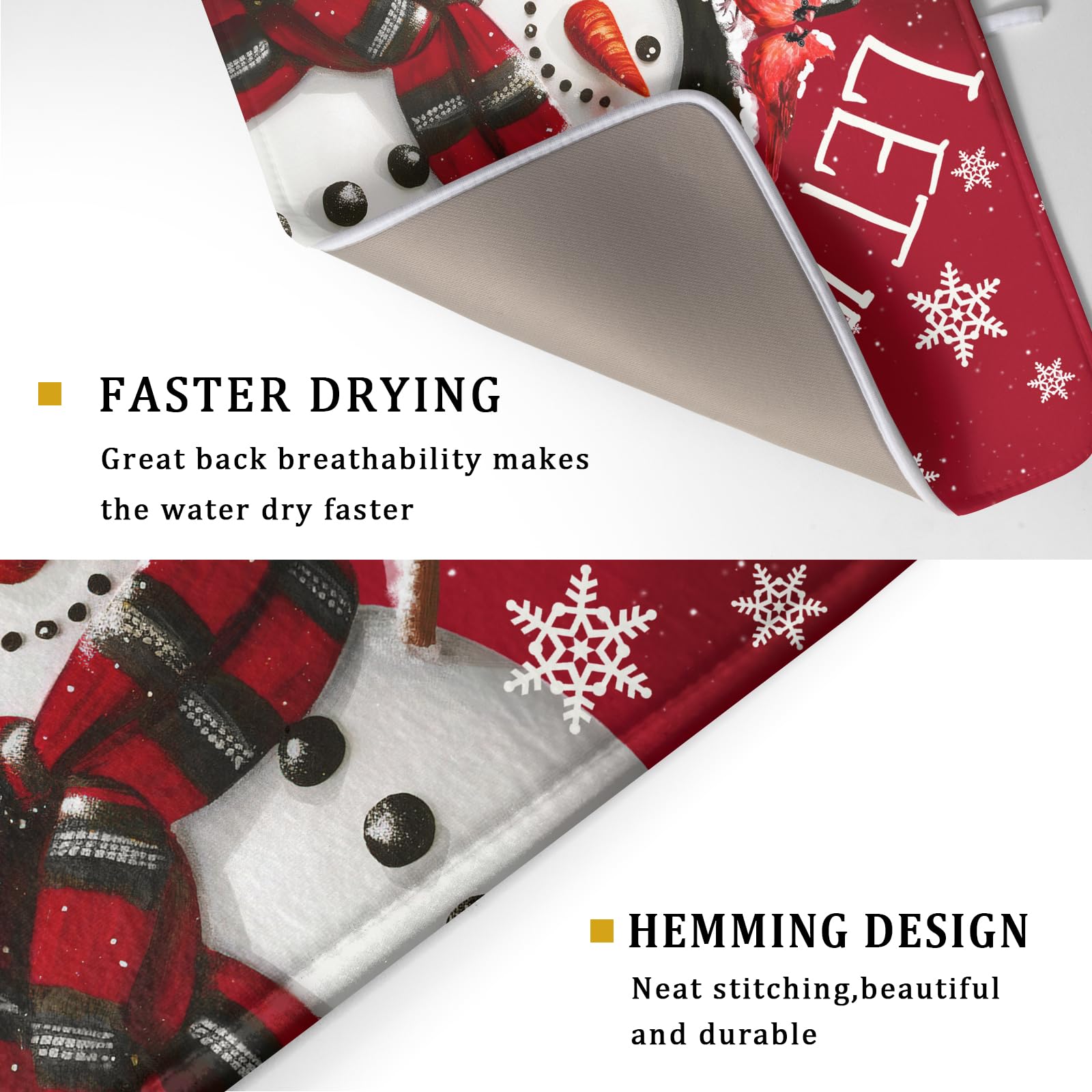 Winter Snowman Dish Drying Mat for Kitchen Counter 18x24 Inch Christmas Dish Draining Mat Xmas Snowflakes Decorations Fast Absorbent Tableware Cardinal Birld Dishes Pad for Coffee Bar Countertop
