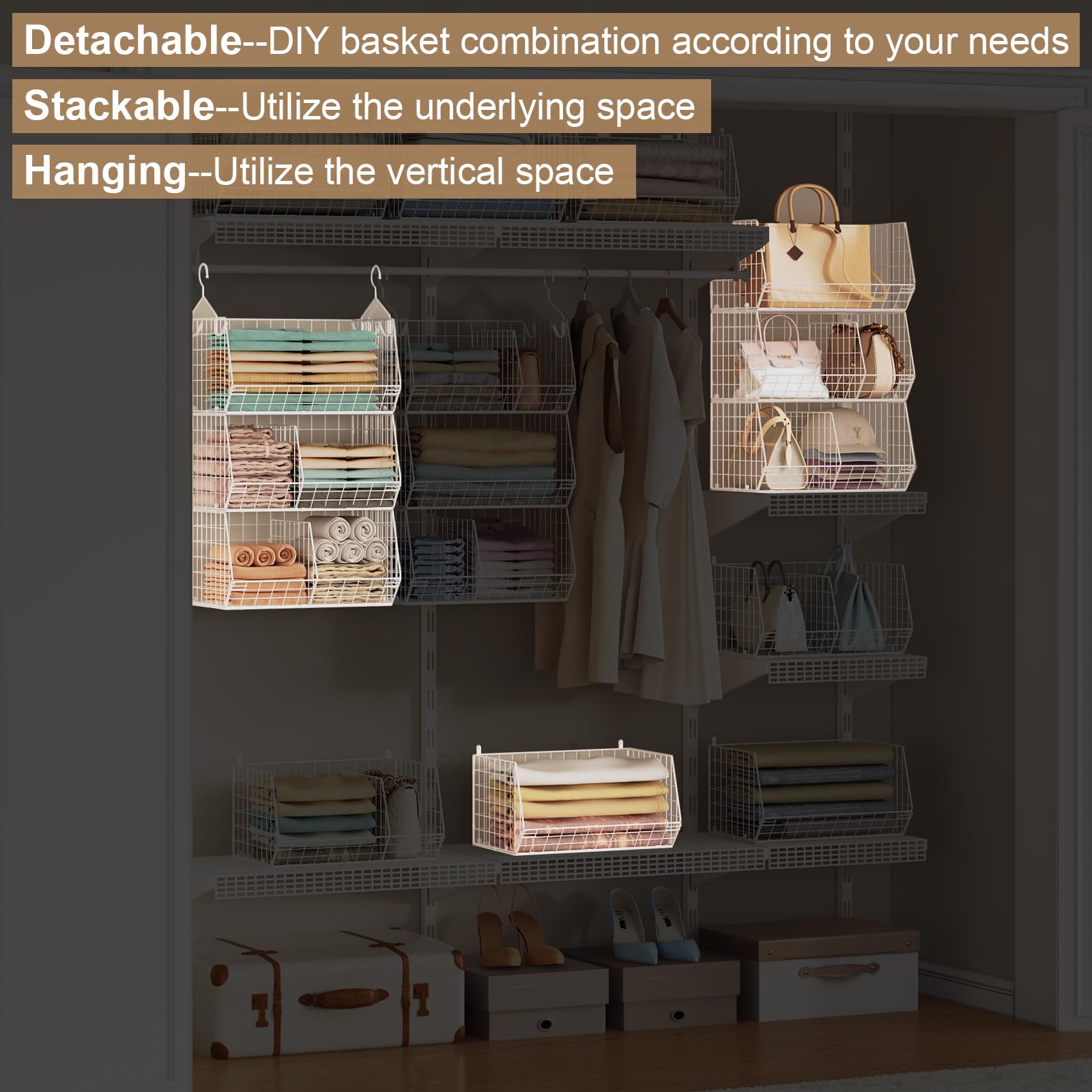 3 Tier Extra Large Closet Hanging Shelves with Divider (3 Count)