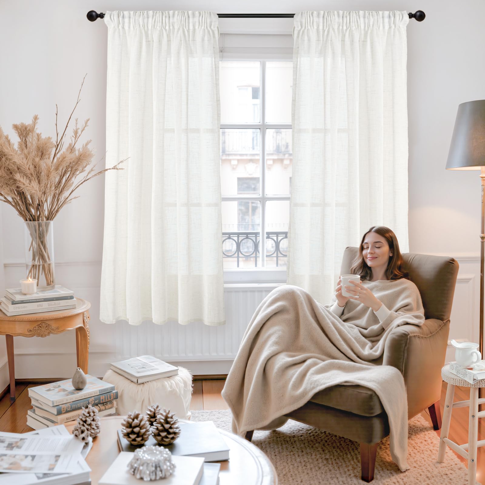 Ivory White Linen Curtains 63 Inch Length for Living Room (2 Count)
