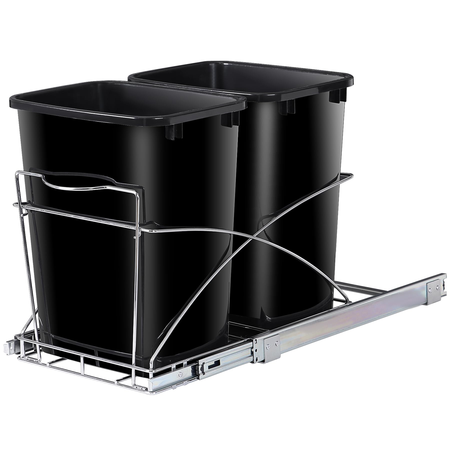 Double 35 Quart Pull Out Trash Can Under Cabinets Under Sink Garbage Sliding Waste Bin Container Recycling Bins with Chrome Wire Bottom Mount 44 lbs Load Capacity