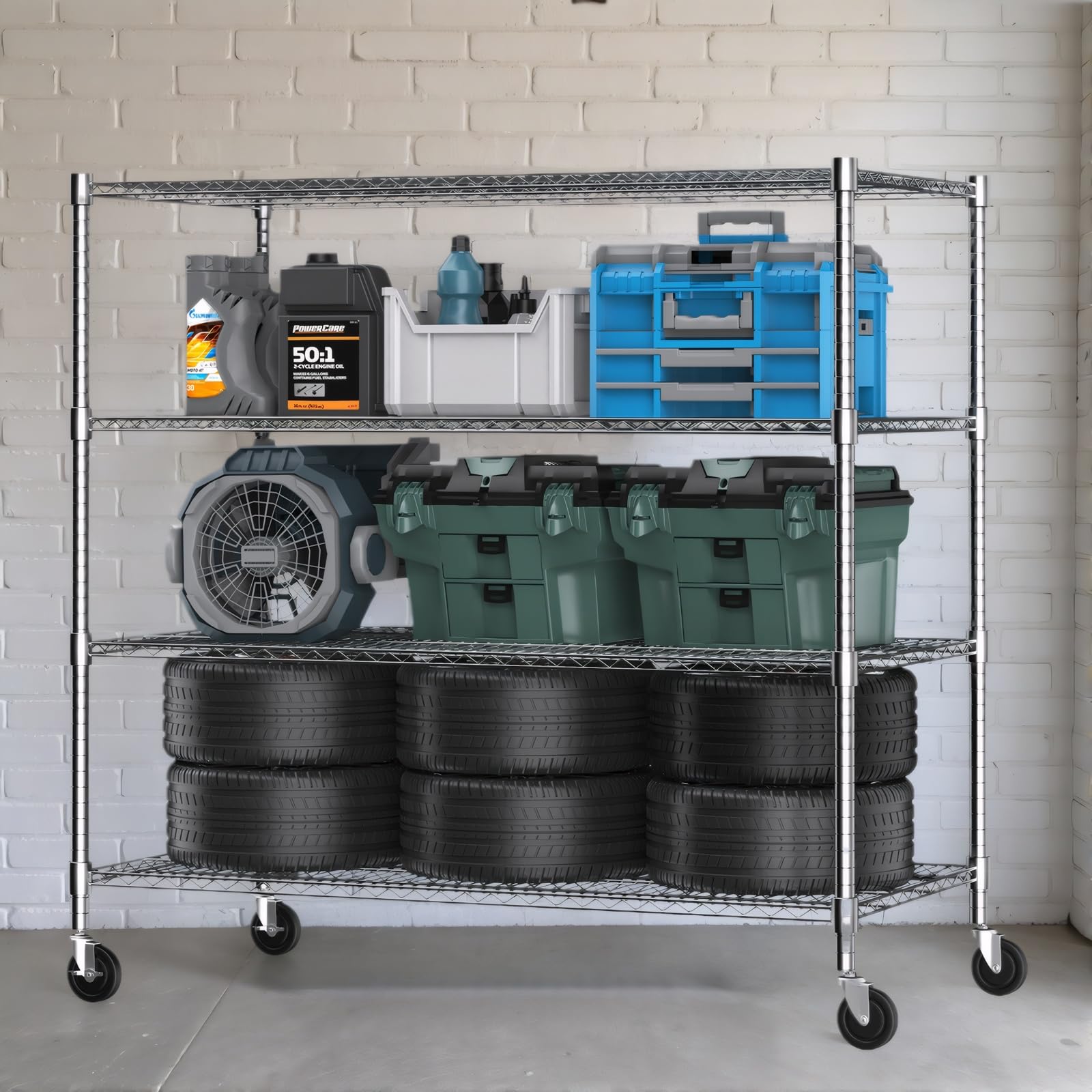 4 Tier Wire Shelving with Wheels Heavy Duty Height Adjustable Metal Shelves for Storage