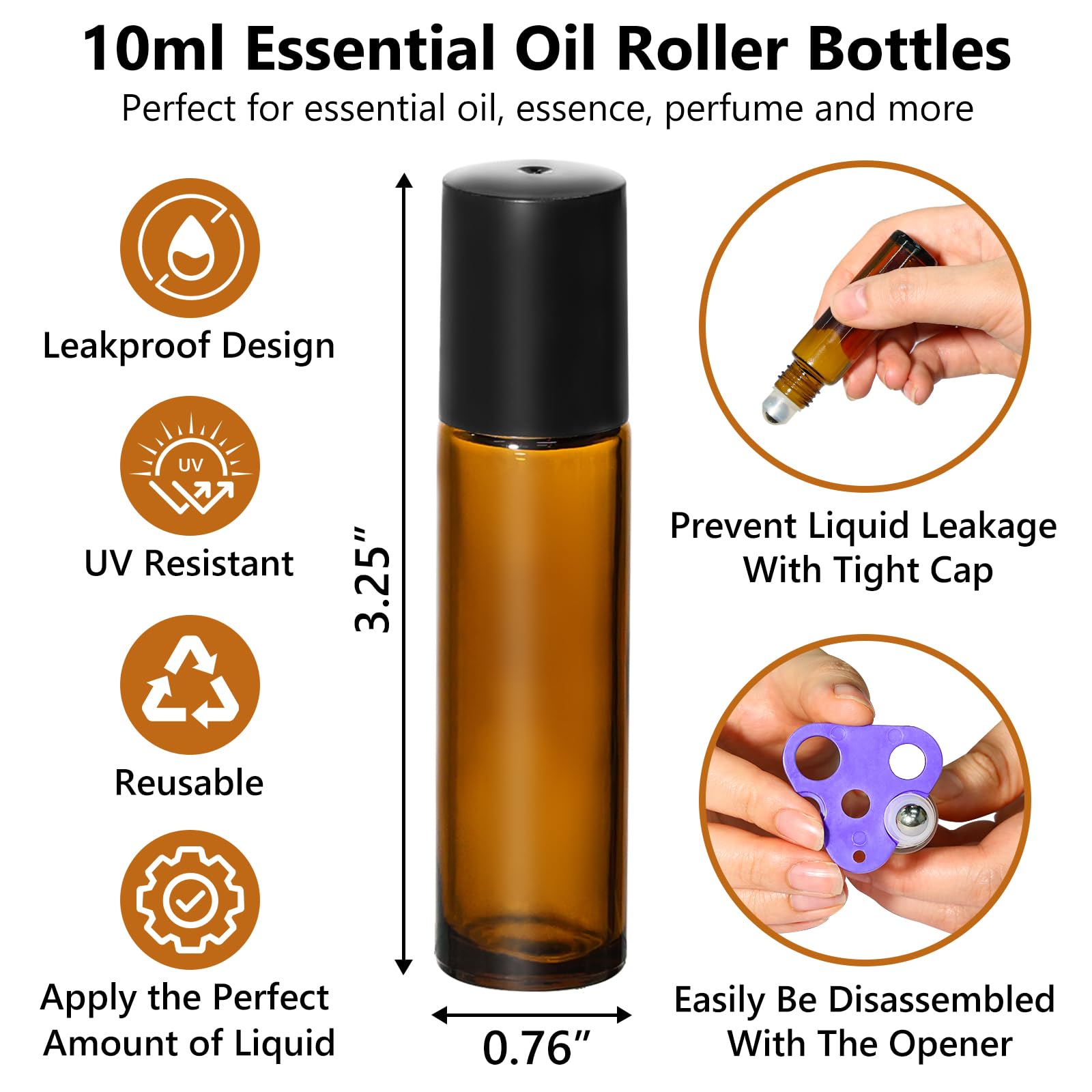 10ml Amber Glass Roller Rottles for Essential Oils (24 Count)