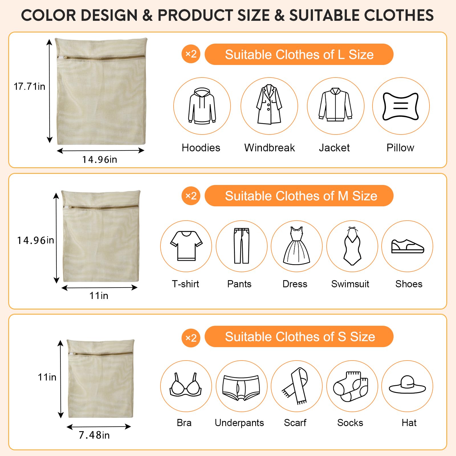 6-Piece Bag, Durable Cotton Mesh Laundry Bag, Sturdy Zipper, Breathable Mesh, Exquisite Laundry Bag for Underwear, Clothes, Pants, Shoes and Socks (5.99 Count)