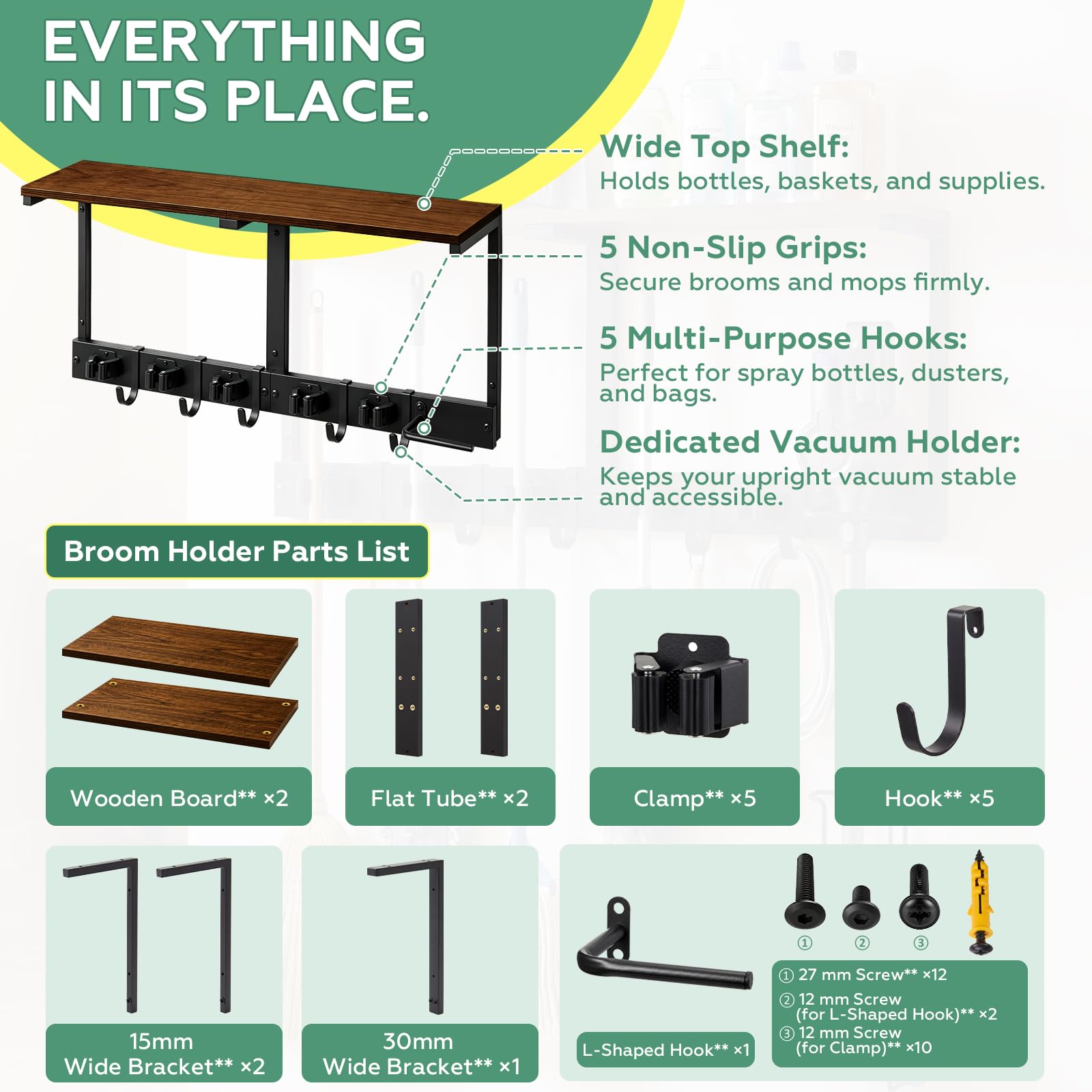 Heavy Duty Broom Holder Wall Mount with Cleaning Supplies Organizer