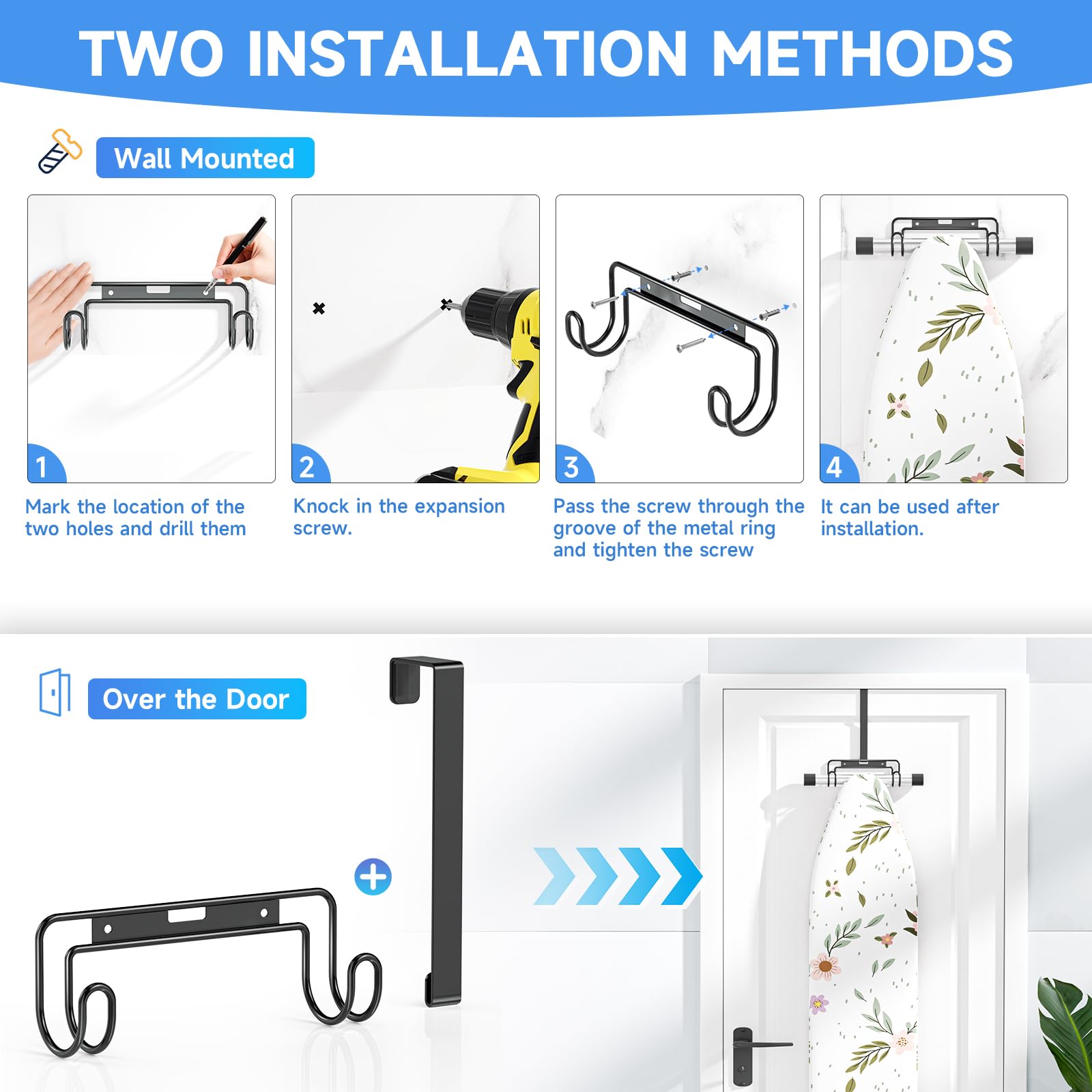 Over The Door & Wall Mount Ironing Board Hanger with Removable Hook