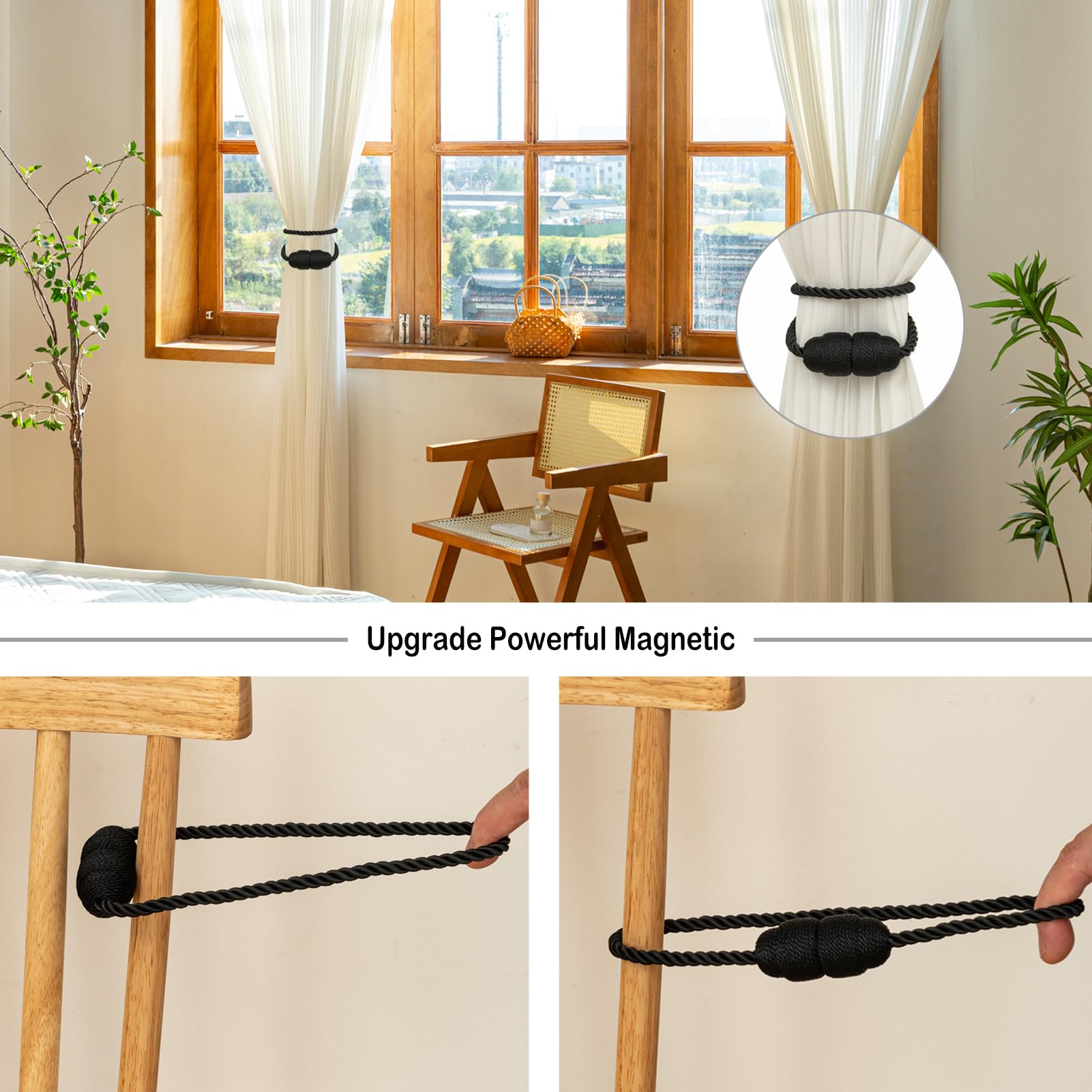 Magnetic Curtain Tiebacks Rope Curtain Tie Backs for Curtains 4 Pack Curtain Holders for Drapes Decorative Window Curtain Holdbacks