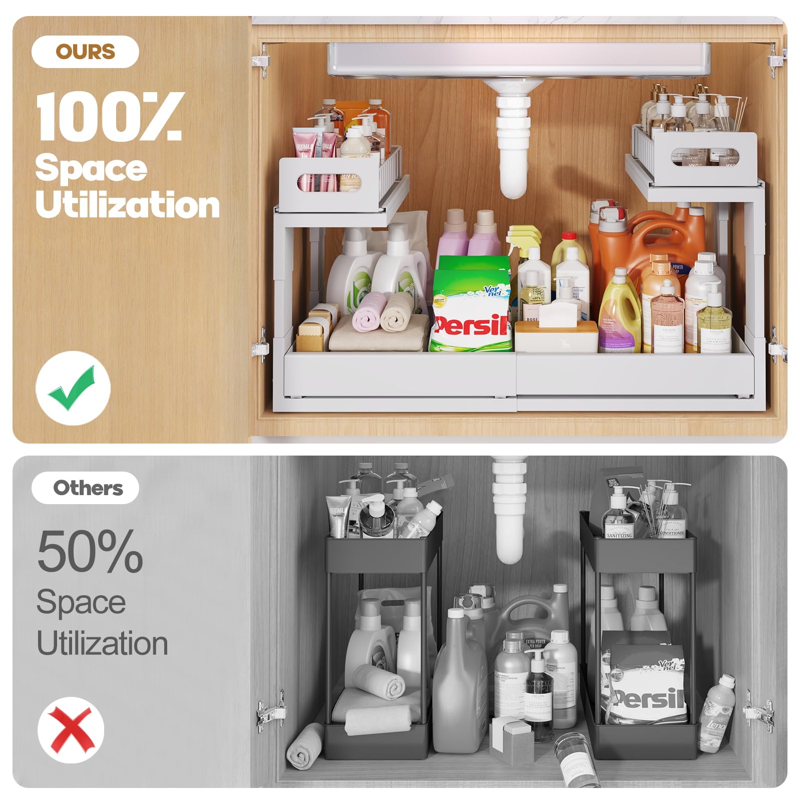 1 Pack-16"-26"W Expandable Under Sink Organizer With Upgrade Ball-Bearing Slide,2-Tier Pull Out Under Cabinet Organizer Height Adjustable,Not Suitable For Cabinets With Partitions In The Middle