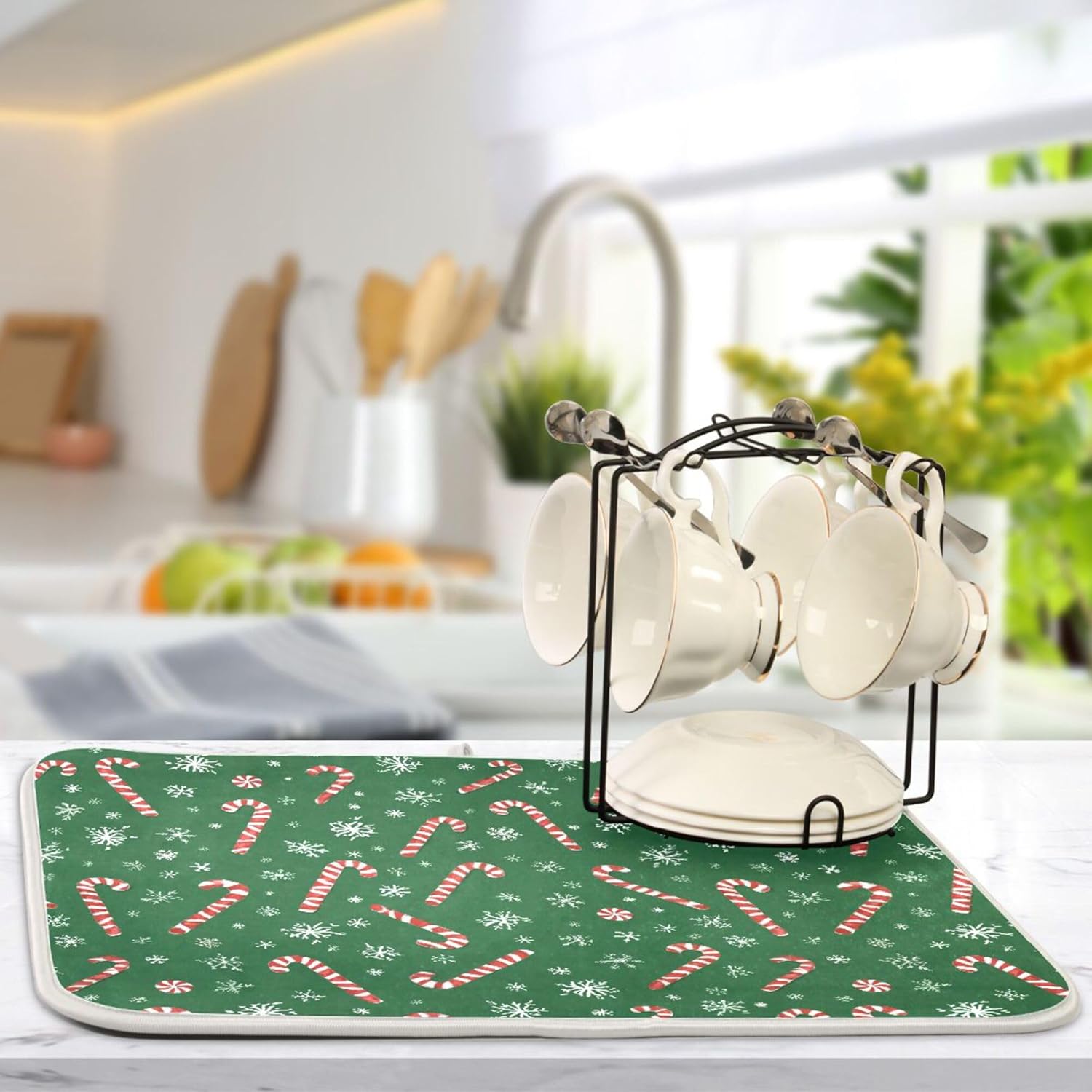 Christmas Candy Cane Dish Drying Mat for Kitchen Countertop 16x18 Winter Snowflake Green Xmas Small Drying Mat Reusable Quick Dry Dish Sink Mats Easy Clean Decorative Essentials