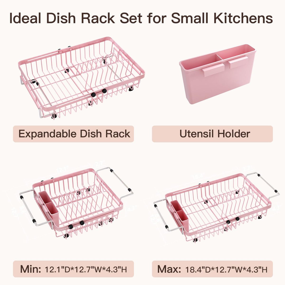 Pink Dish Drying Rack Over The Sink with Utensil Holder