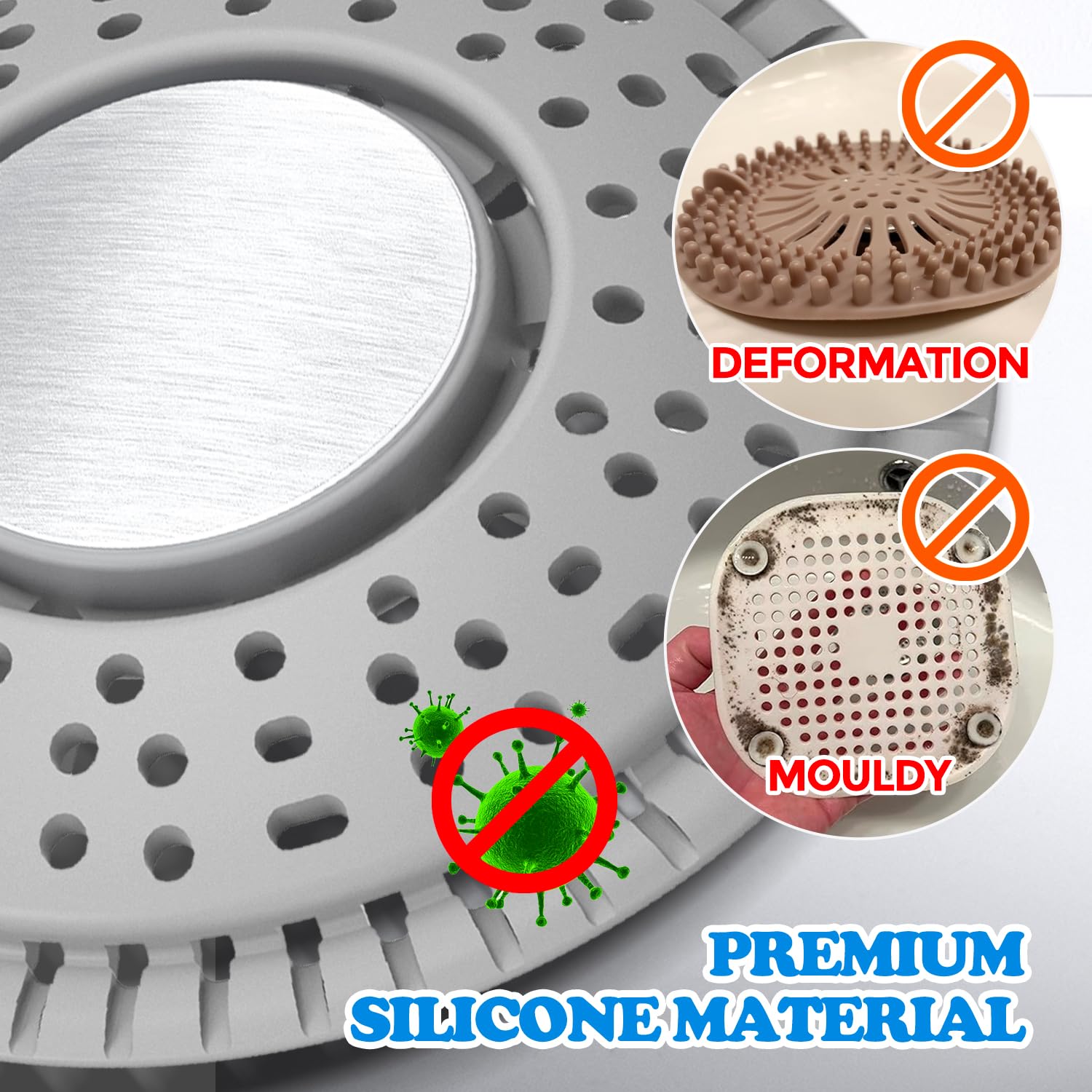 Shower Drain Hair Catcher Silicone Flat Floor Strainer Protector (2 Count)