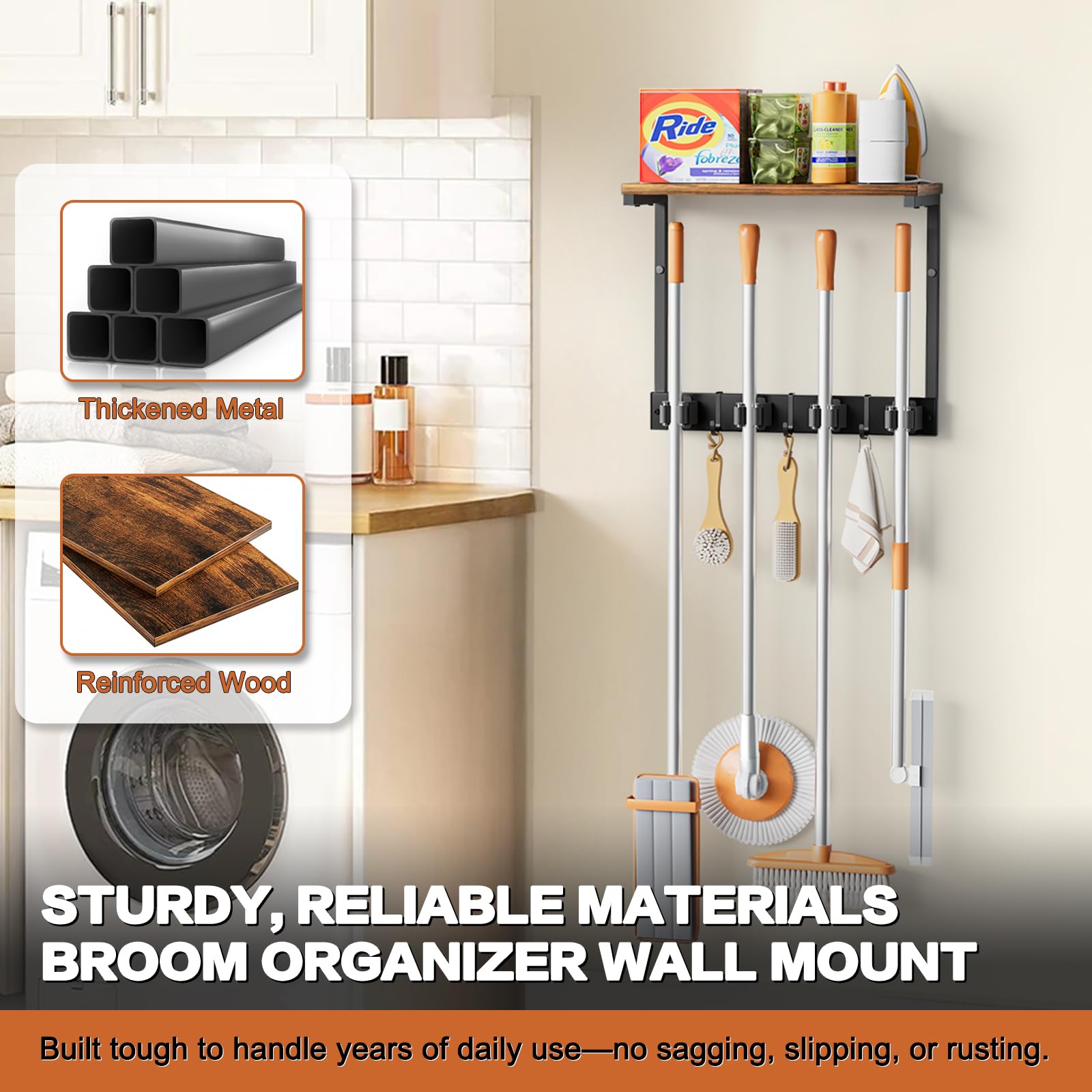 Broom Holder Wall Mount with Cleaning Supplies Organizer