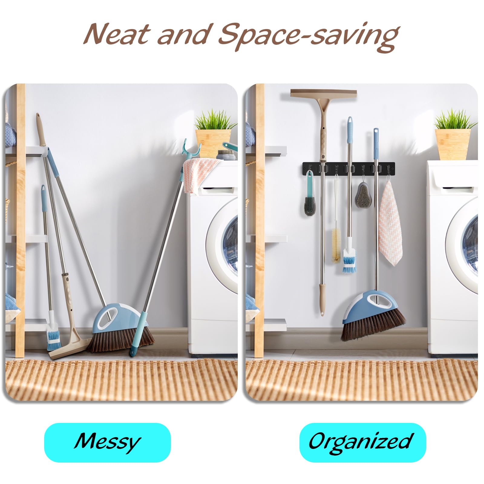 Black Mop Broom Holder Wall Mount with 3 Slots & 4 Hooks
