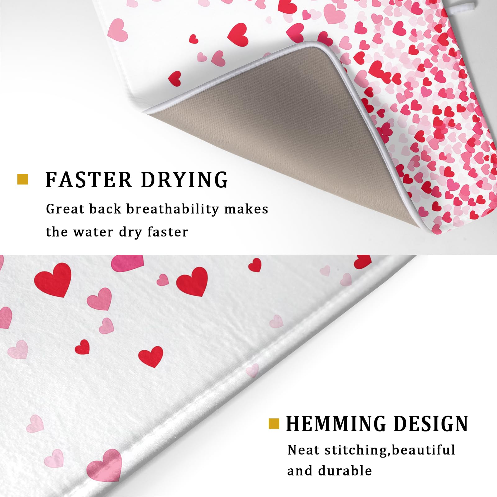 Valentine's Day Dish Drying Mat for Kitchen Counter Love Heart Kitchen Dish Drying Pad 18”x24” Absorbent Reversible Happy Valentine Dishes Drainer Pad Dish Drying Rack Mat for Countertop