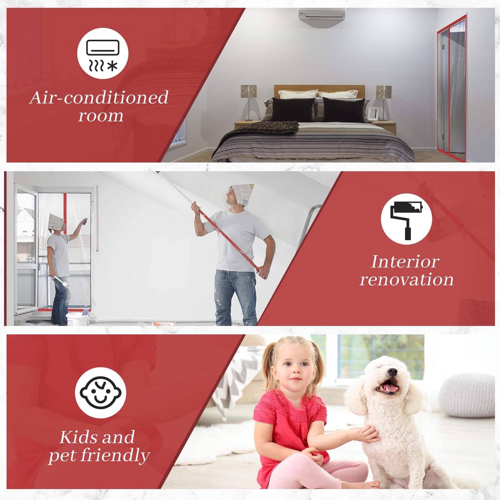 Zipper 60 x 102 Inch Dust Barrier Kit Red Edged Temporary Construction Door Barrier 5 x 8.5 ft Reusable Plastic Curtain Cover Containment Doorway Wall Screen Sheeting for Bathroom Hallway