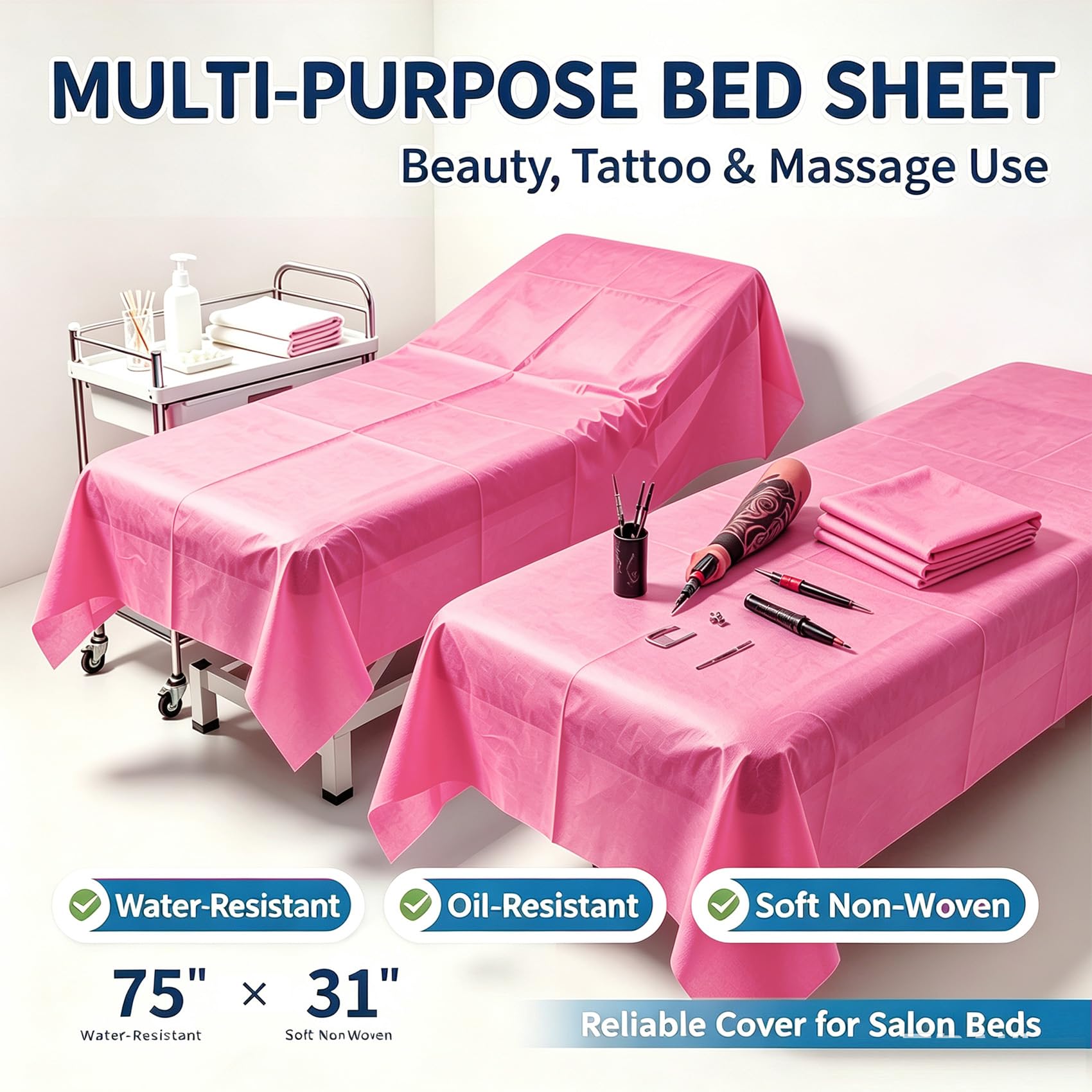100PCS Massage Table Sheets Disposable Spa Bed Cover 75x31 Waterproof Pink (100 Count)