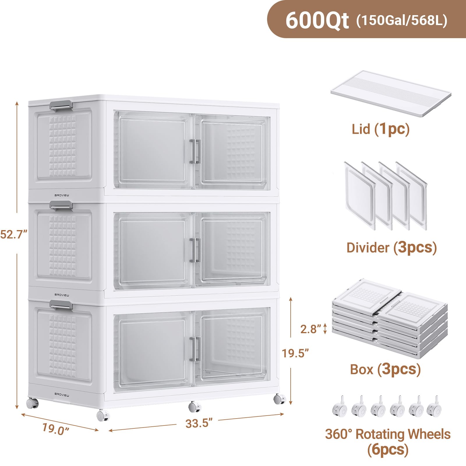 150Gal XL Stackable Storage Bins Foldable Box Cabinet for Home 3Pack White (3 Count)