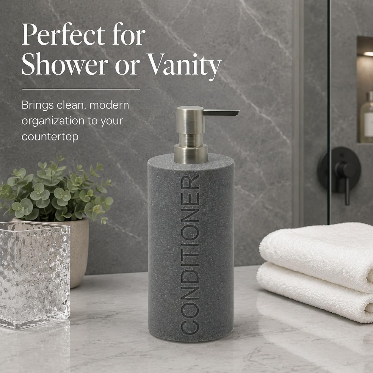 Resin Neutral Gray Sandstone Conditioner Engraved Bottle Refillable Pump Dispenser