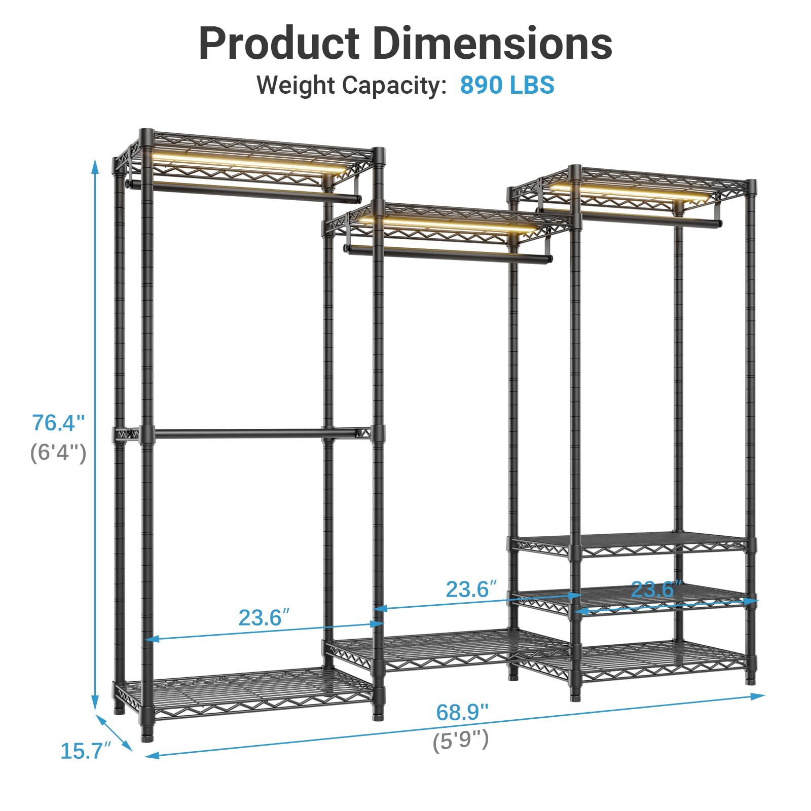 V5LC Garment Rack Heavy Duty Covered with Dimmable LED Light 3000K Warm White