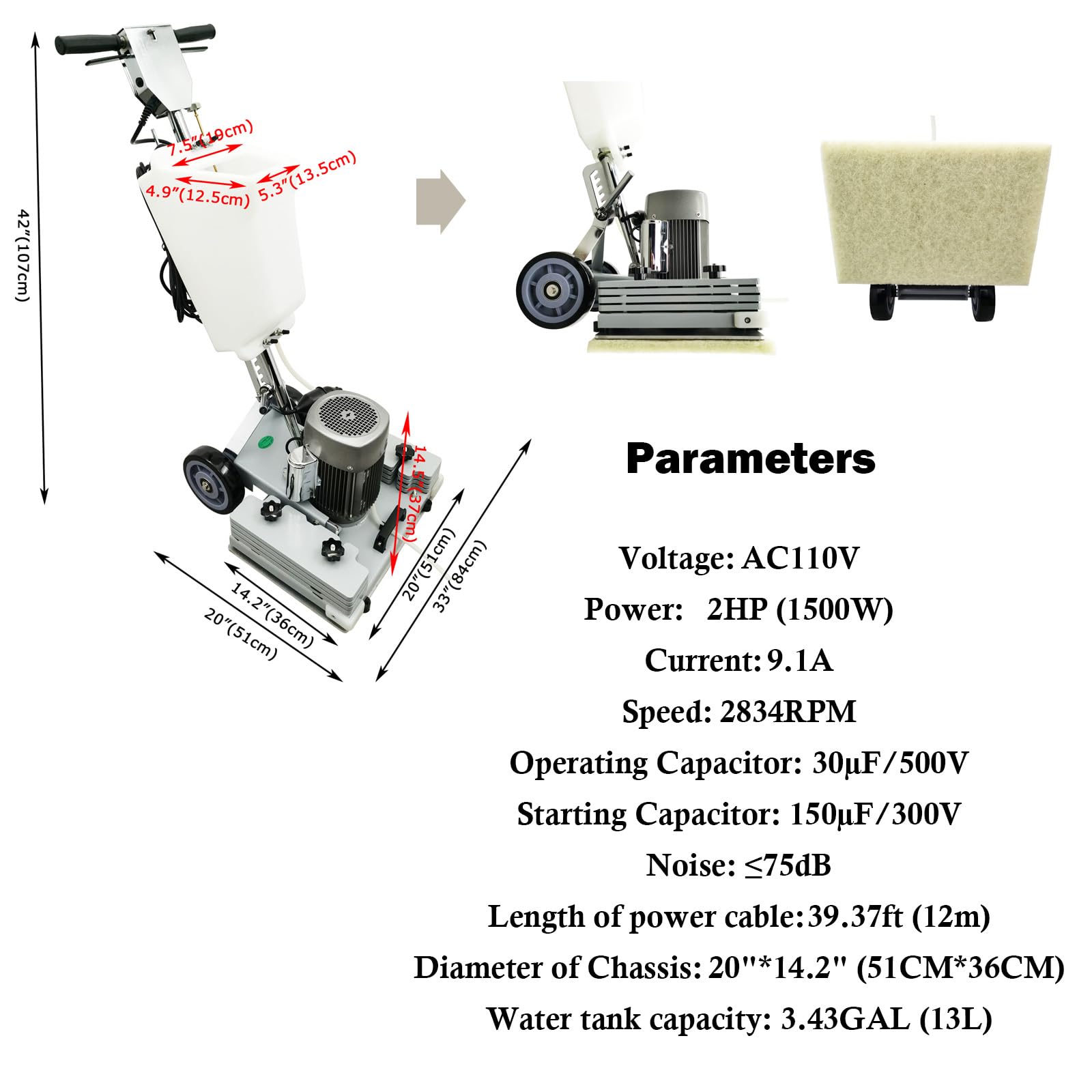 Floor Scrubber Grinding Machine 3.43Gal Floor Polishing Machine 2834RPM Commercial and Industrial Square Chassis Multi