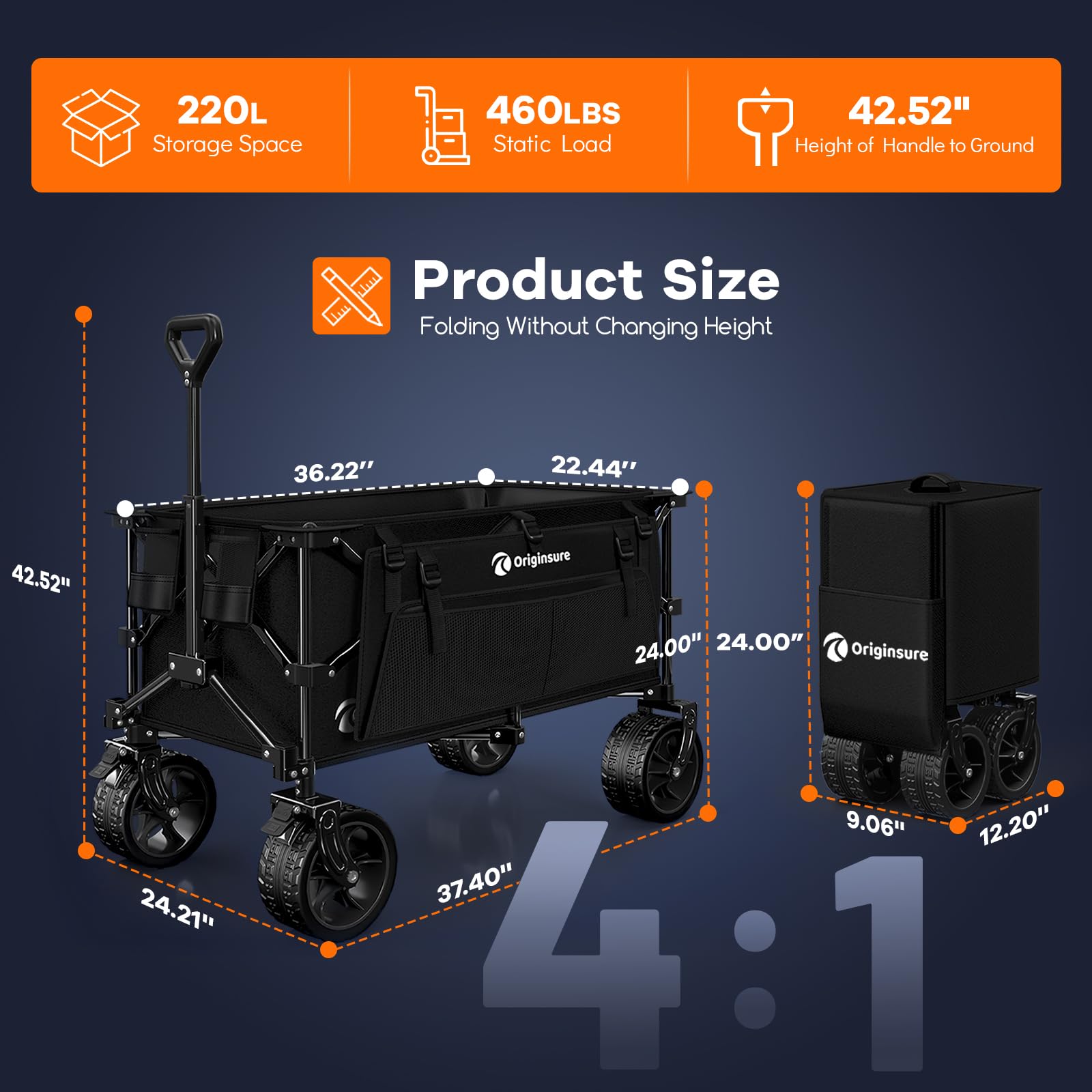 220L Collapsible Beach Wagon Cart with Big Wheels