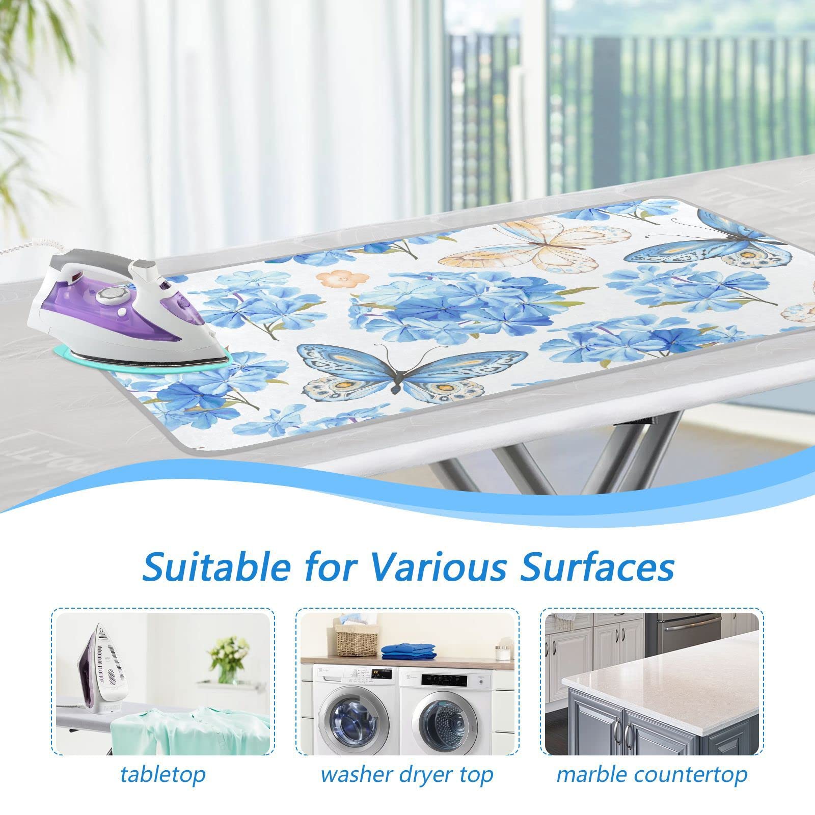 Blue Floral Butterfly Ironing Mat Portable Ironing Pad Blanket with Silicone Iron Rest for Table Top Travel Heat Resistant Double