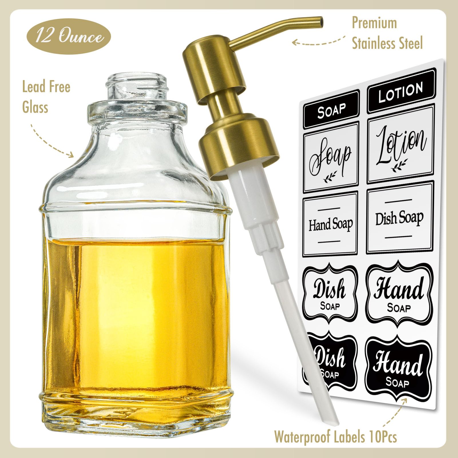 Antique Square Glass Soap Dispenser with Golden Rust Proof Pump