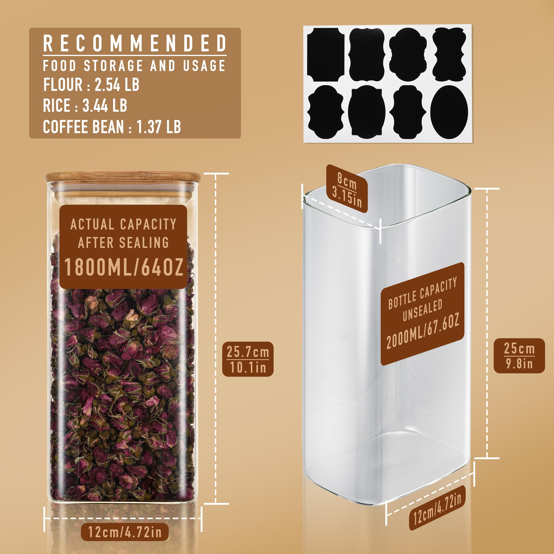 64oz Rectangle Airtight Glass Storage Containers with Bamboo Lids (3 Count)