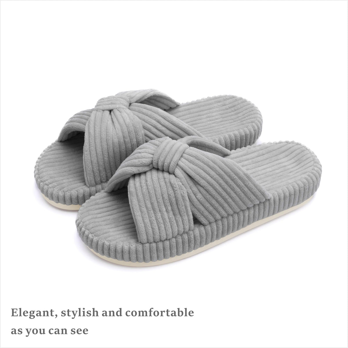 Slippers for Women Memory Foam House Bedroom Corduroy Bow Crossbands Slide Slipper Shoes Comfy Trendy Gift Slippers Grey Size 9 10 8.5