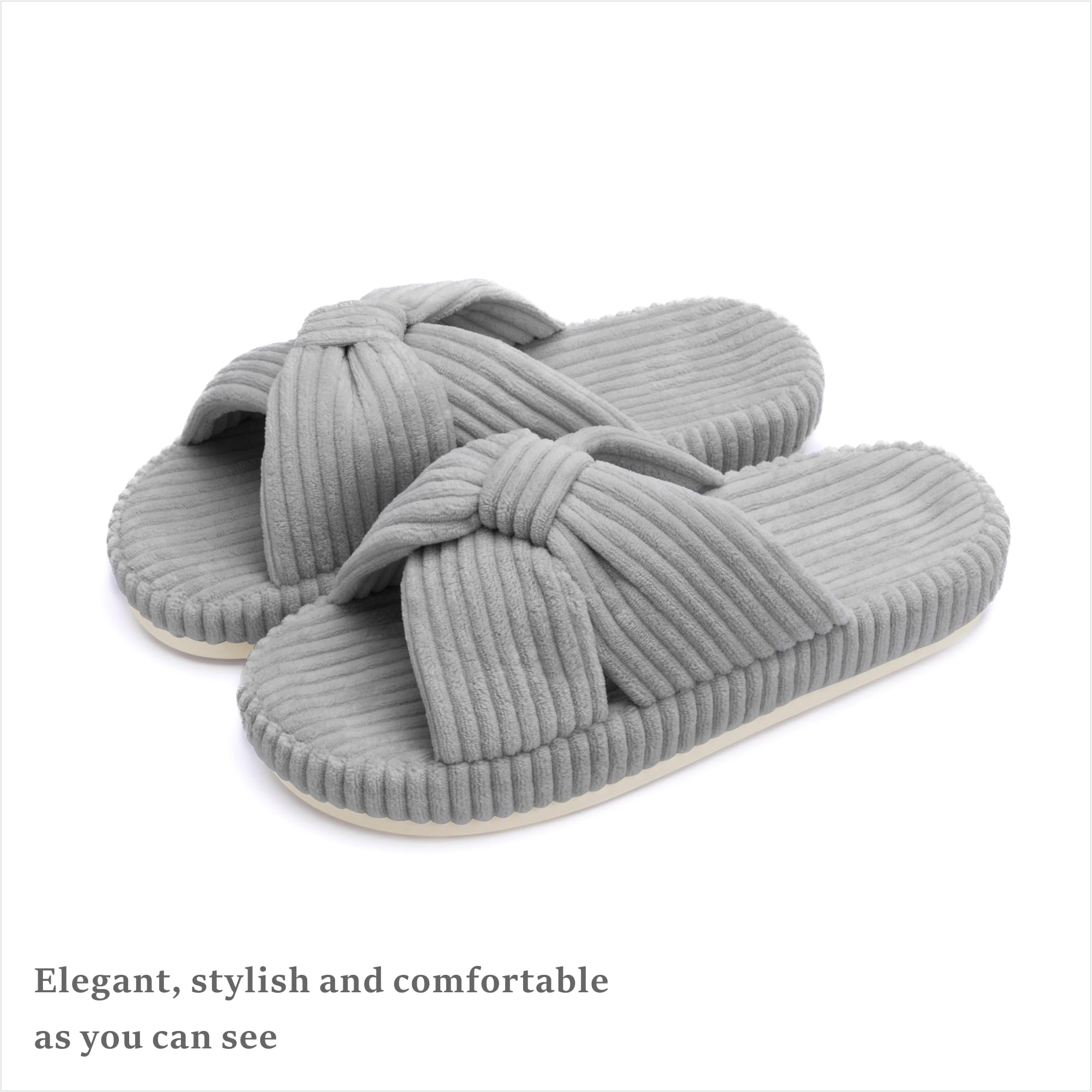 Slippers for Women Memory Foam House Bedroom Corduroy Bow Crossbands Slipper Shoes Comfy Trendy Gift Slippers Grey Size 7 8 6.5