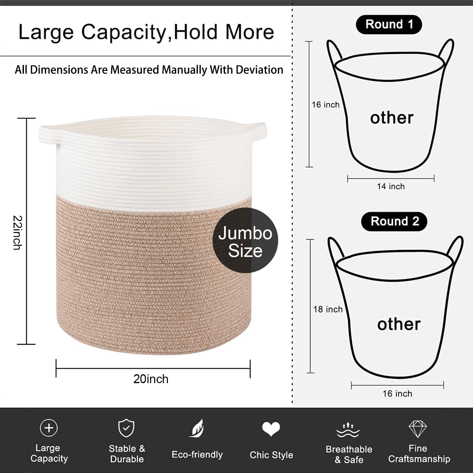 80L Laundry Basket Laundry Hamper Nursery Hamper Brown&White